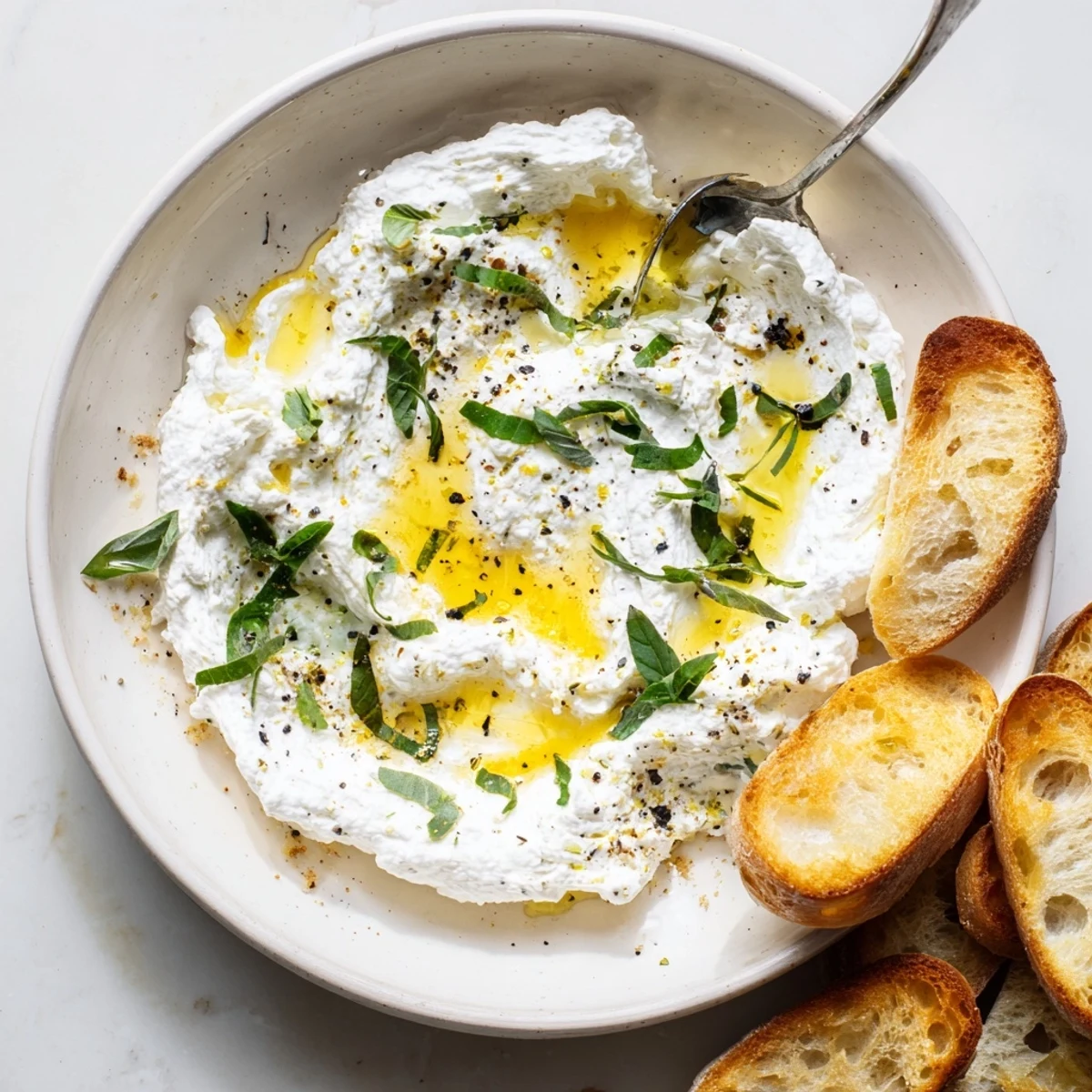 Fluffy whipped ricotta spread drizzled with olive oil alongside toasted crostini for dipping