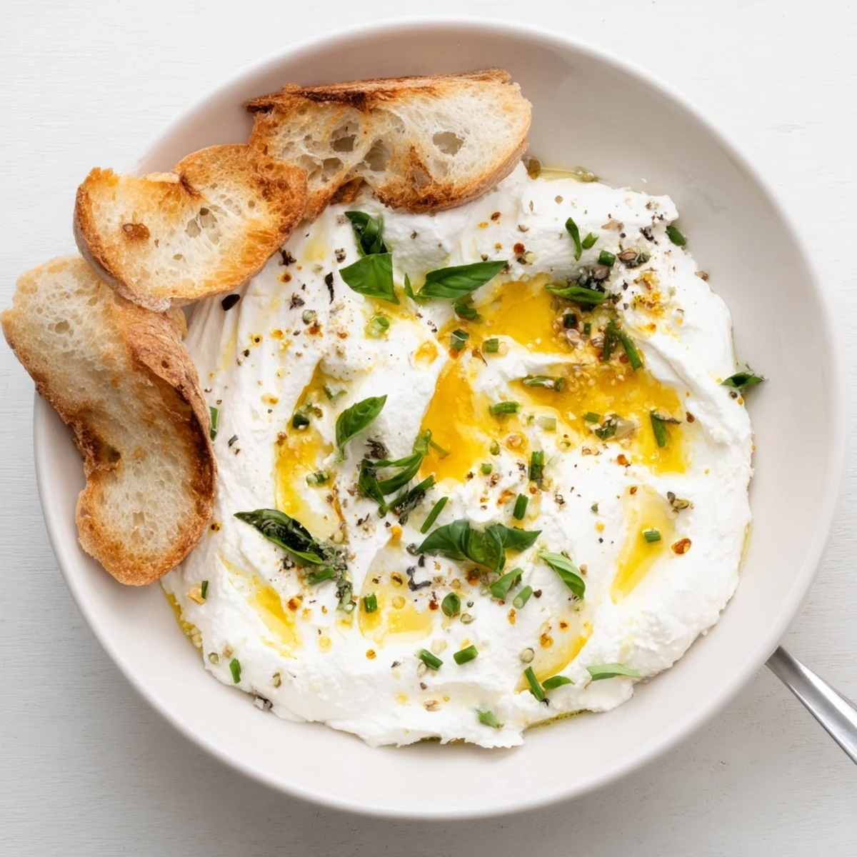 Light and airy whipped ricotta garnished with lemon zest and flaky sea salt