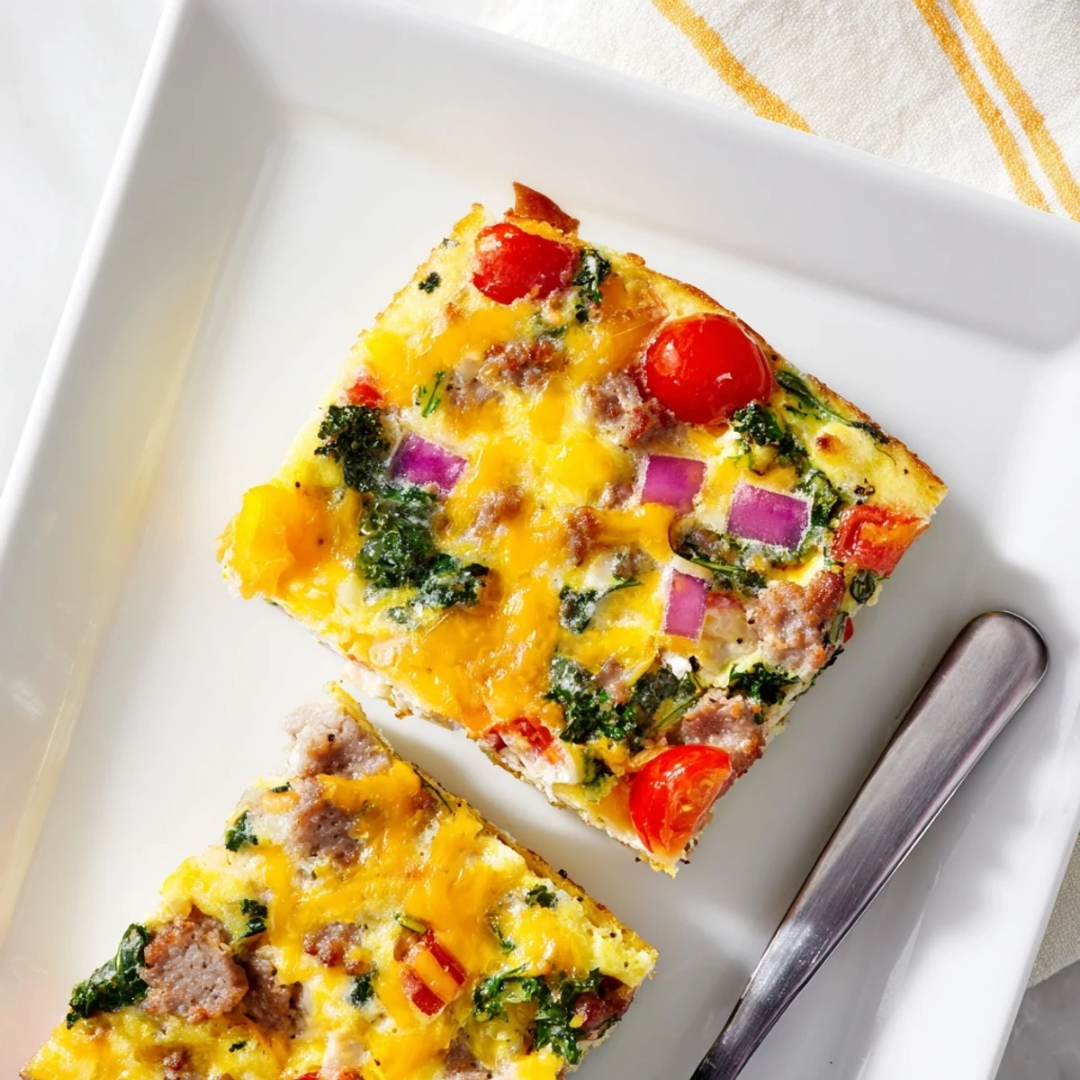 Golden brown high protein egg casserole with melted cheddar and colorful vegetables