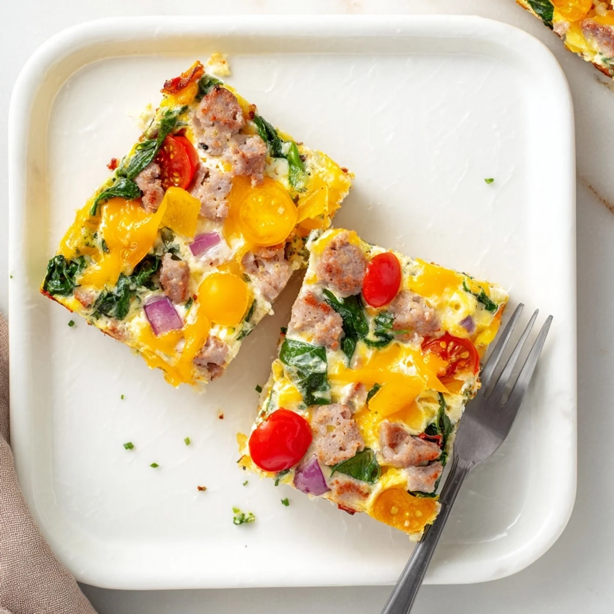 Sliced high protein egg casserole breakfast dish with turkey sausage and spinach