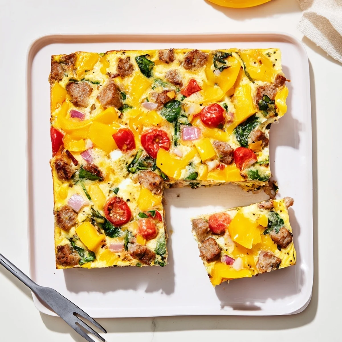 Baked high protein egg casserole with cottage cheese and bell peppers in serving dish