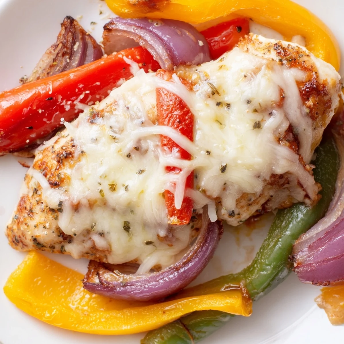 Golden brown cheesy baked chicken breast nestled among colorful roasted bell peppers and onions