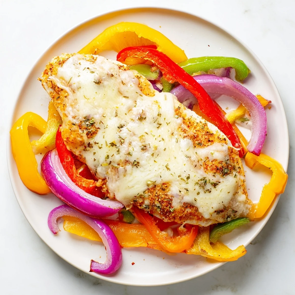 Baked cheesy chicken breast dish topped with golden cheese and colorful sliced bell peppers