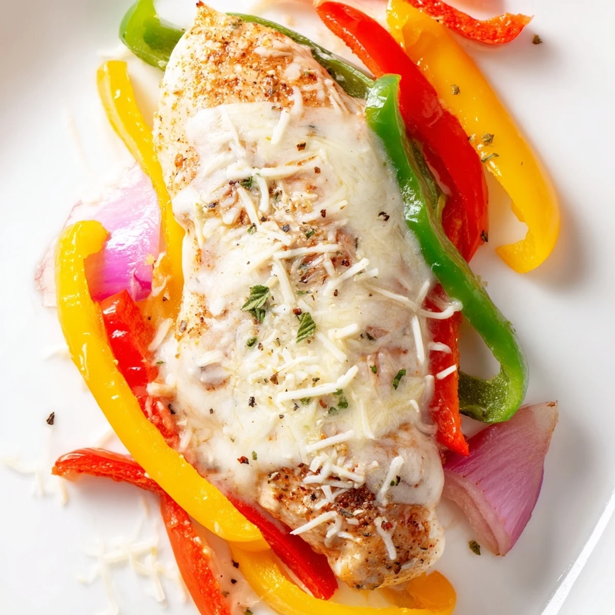 Tender chicken breasts bubbling with melted mozzarella and parmesan over vibrant red yellow peppers