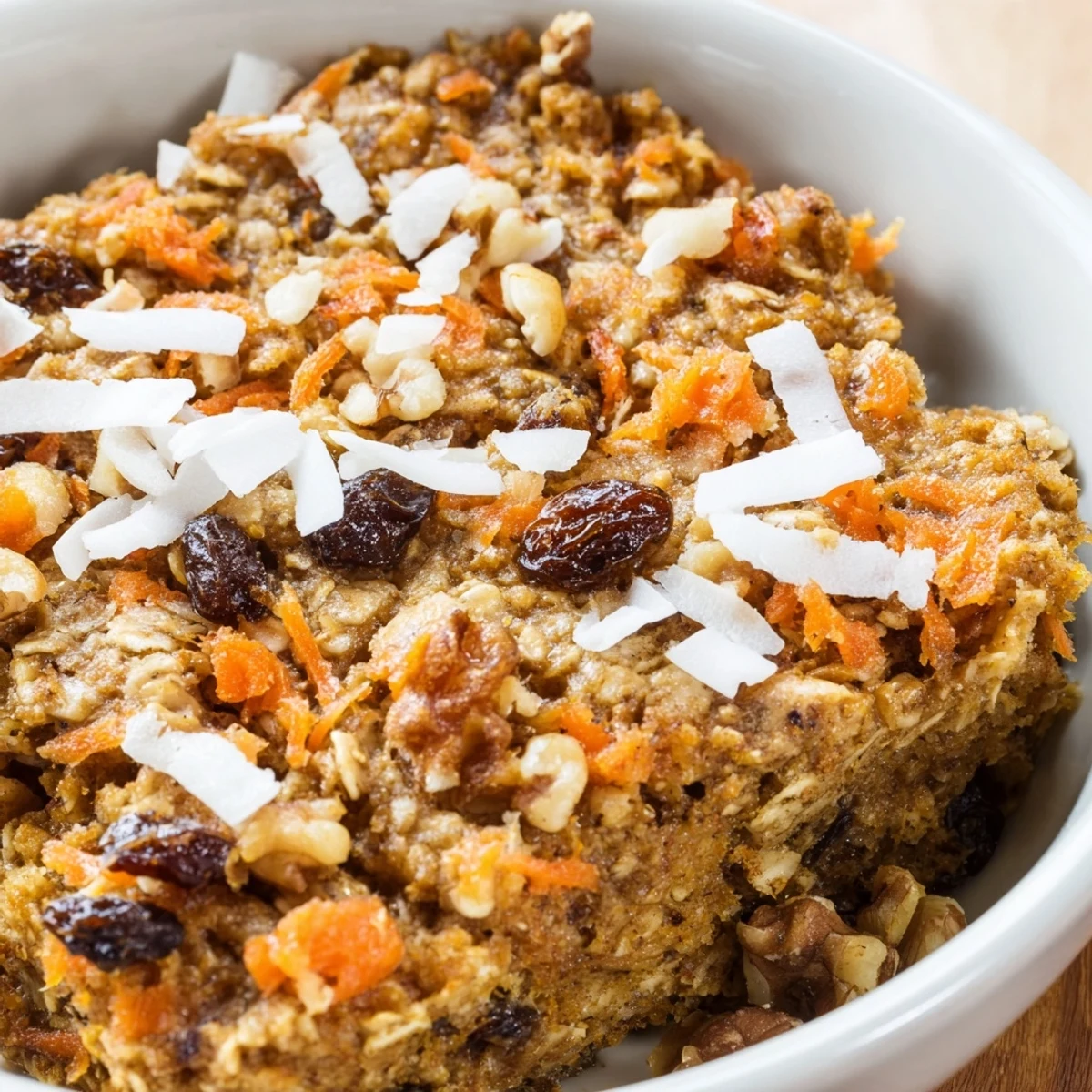 Golden brown carrot cake baked oatmeal sprinkled with walnuts and raisins in a square baking dish