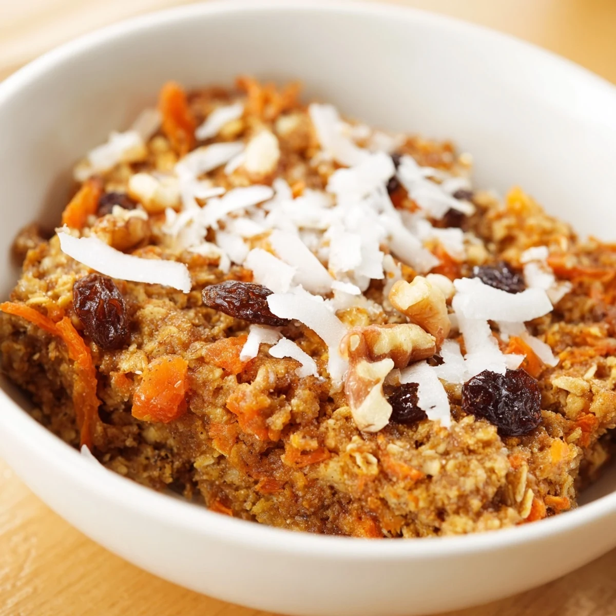 Wholesome carrot cake baked oatmeal featuring grated carrots and warm cinnamon spices ready for breakfast serving