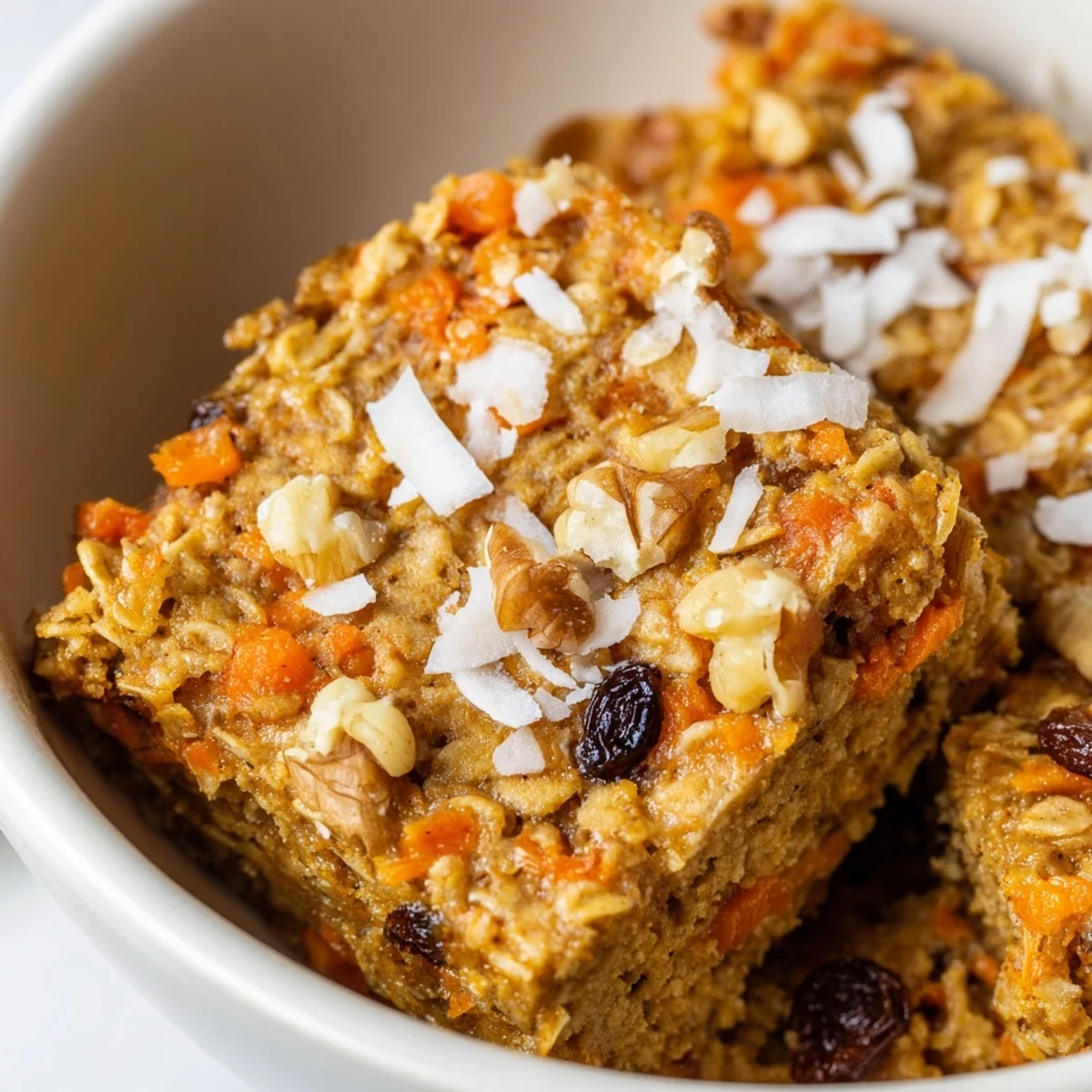 Slices of moist carrot cake baked oatmeal topped with shredded coconut and pecans on a white plate