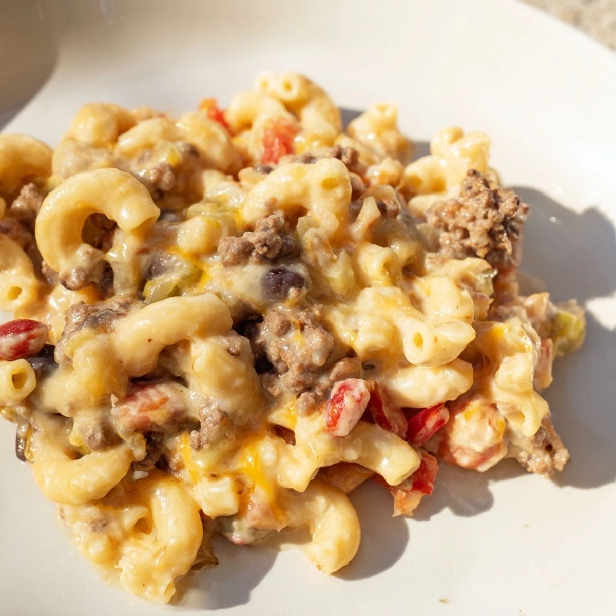 Hearty chili mac and cheese featuring ground beef beans and gooey cheese sauce