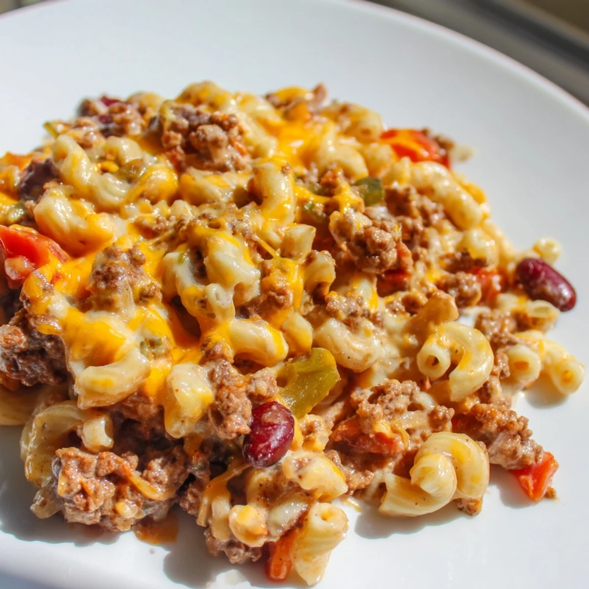 Creamy chili mac and cheese topped with melted cheddar in a rustic bowl