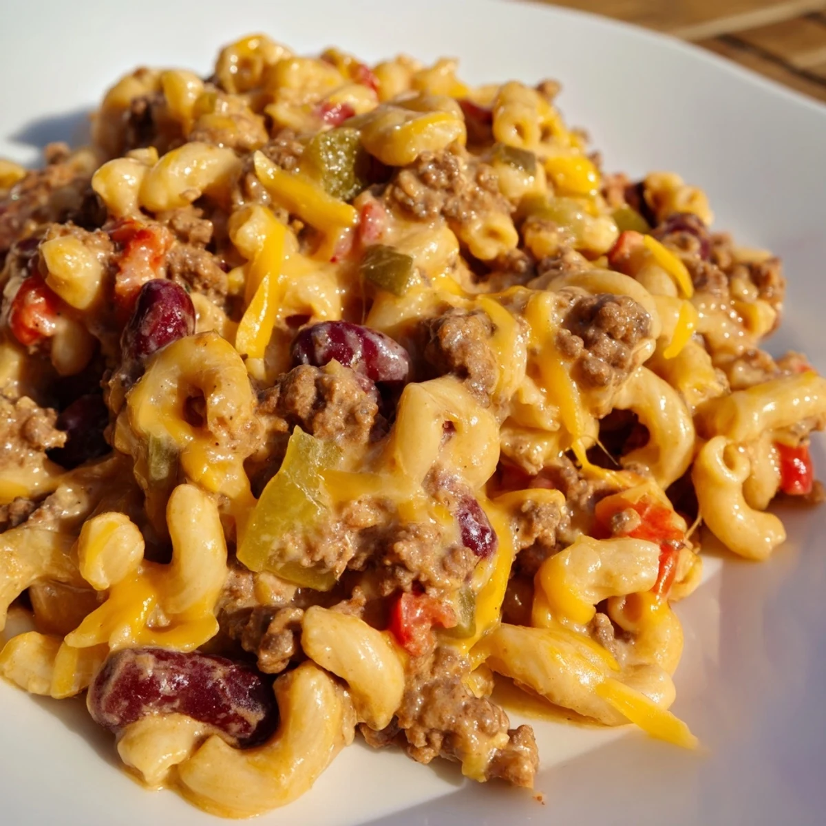 Spoonful of cheesy chili mac and cheese with ground beef and kidney beans