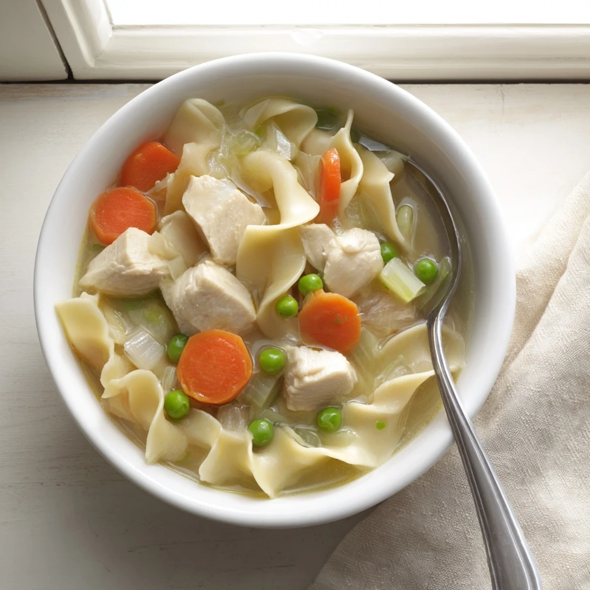 Golden chicken and wide egg noodles simmer in a rich broth with colorful vegetables in this comforting one pot meal
