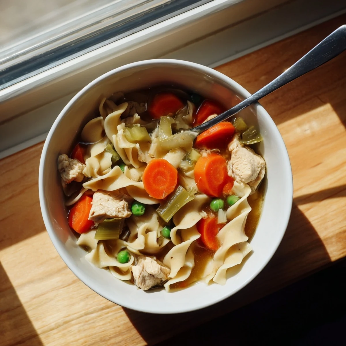 Tender chunks of chicken mingle with al dente noodles, carrots, and celery in a creamy, savory single-pan dinner