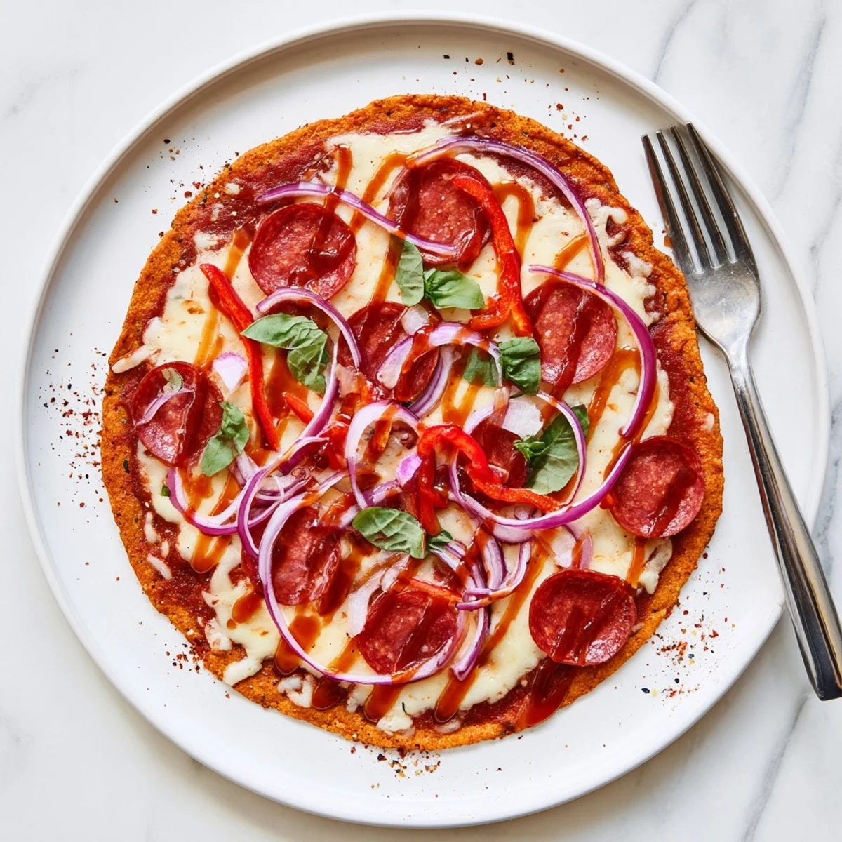 Golden gluten-free sweet potato crust pizza topped with bubbling mozzarella, crispy pepperoni slices, and a spicy hot honey drizzle