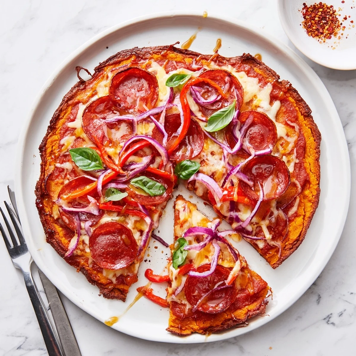 Sizzling pepperoni hot honey pizza on a nutrient-packed sweet potato crust, garnished with fresh basil and red pepper flakes
