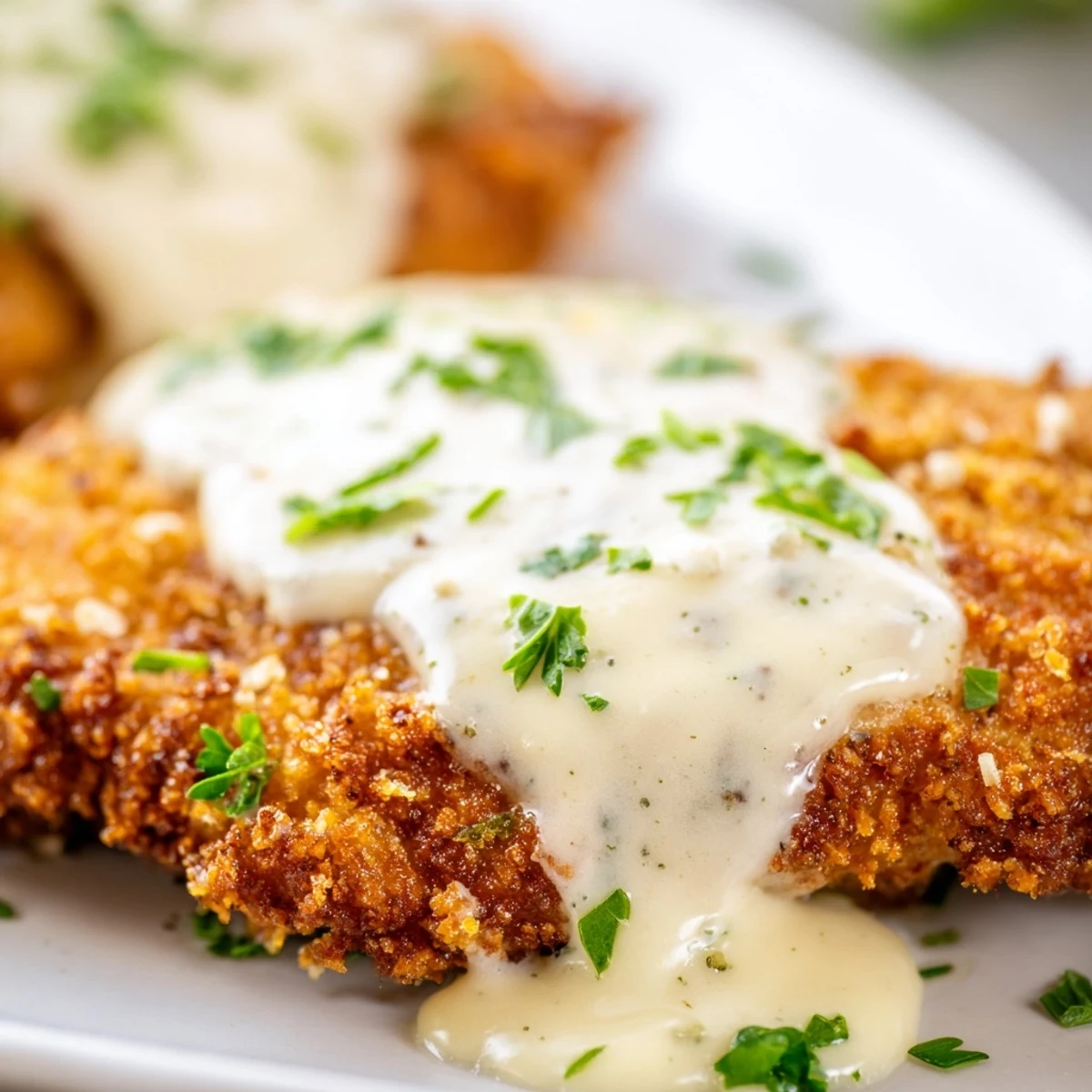 Golden brown crispy chicken breasts drizzled with rich velvety white Parmesan cream sauce