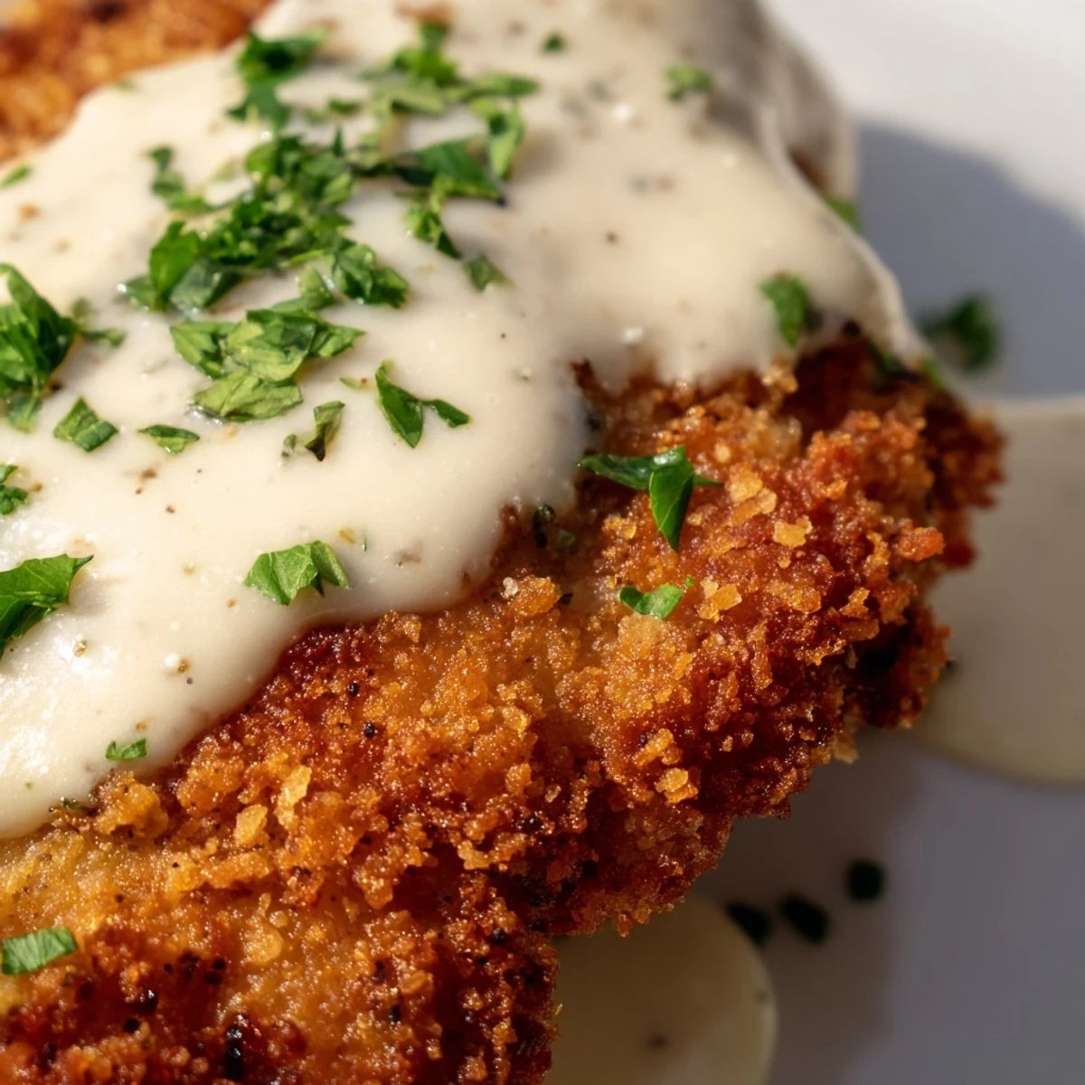 Pan-fried chicken with golden crunchy breadcrumb coating served over luxurious creamy white sauce