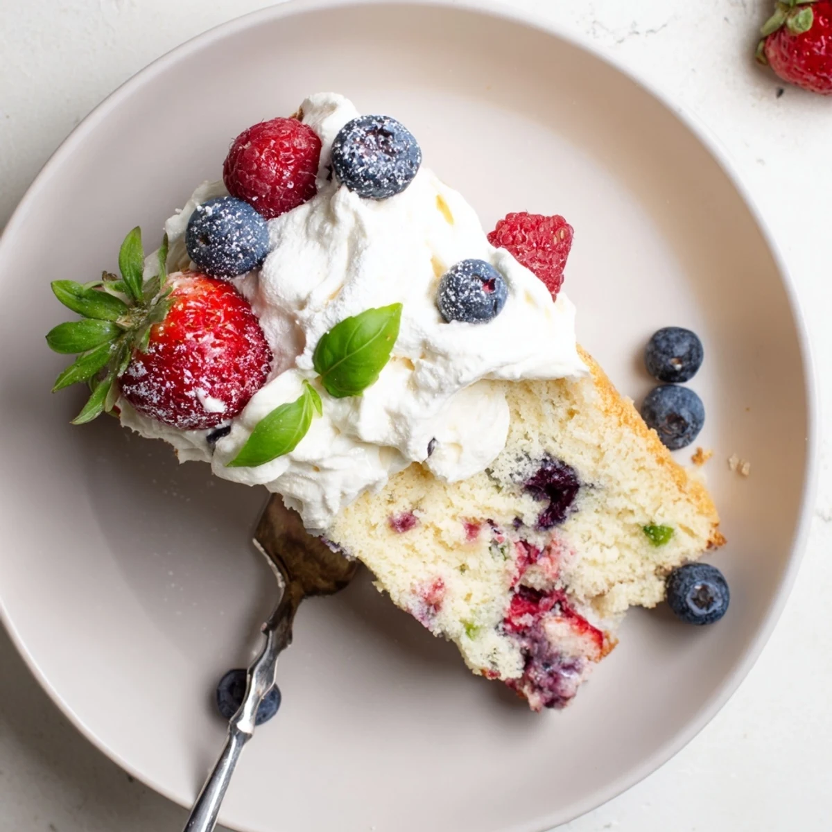 Golden basil berry cake slice topped with fresh mixed berries and whipped cream garnish