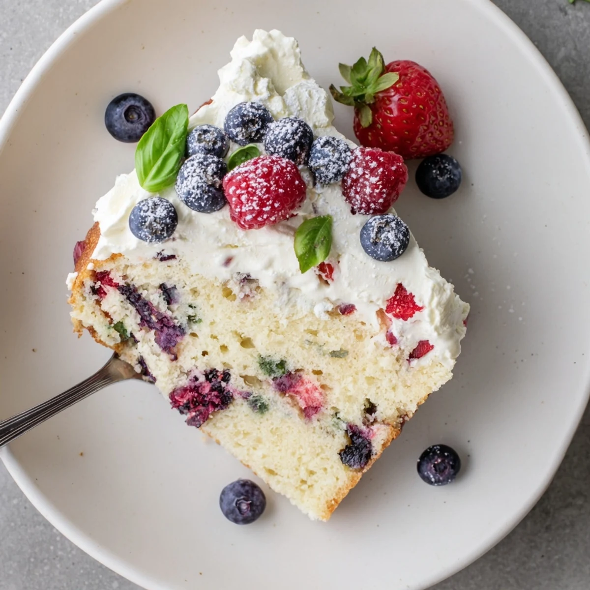 Moist basil berry cake with vibrant garden basil scattered throughout the tender berry-studded crumb