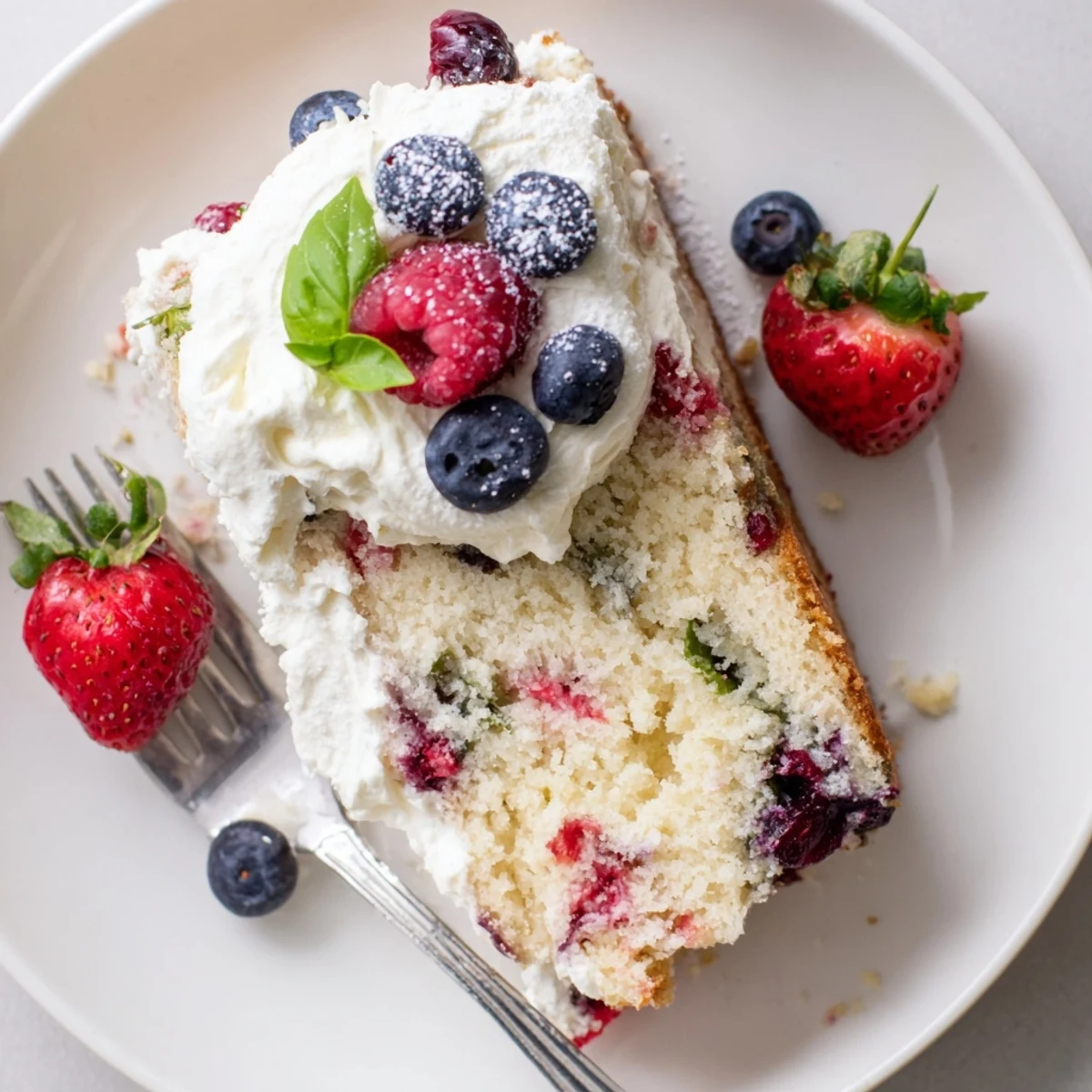 Summer basil berry cake dessert plate featuring ruby berries and optional powdered sugar dusting