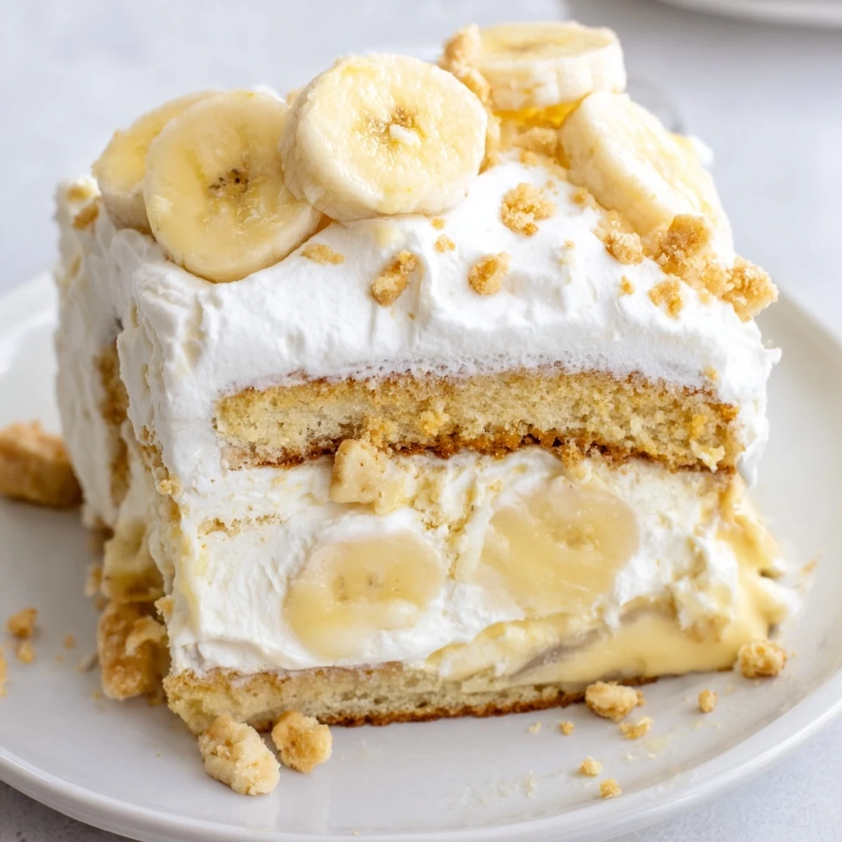 Golden banana pudding cake stacked with whipped cream, crushed vanilla wafers, and luscious pudding layers