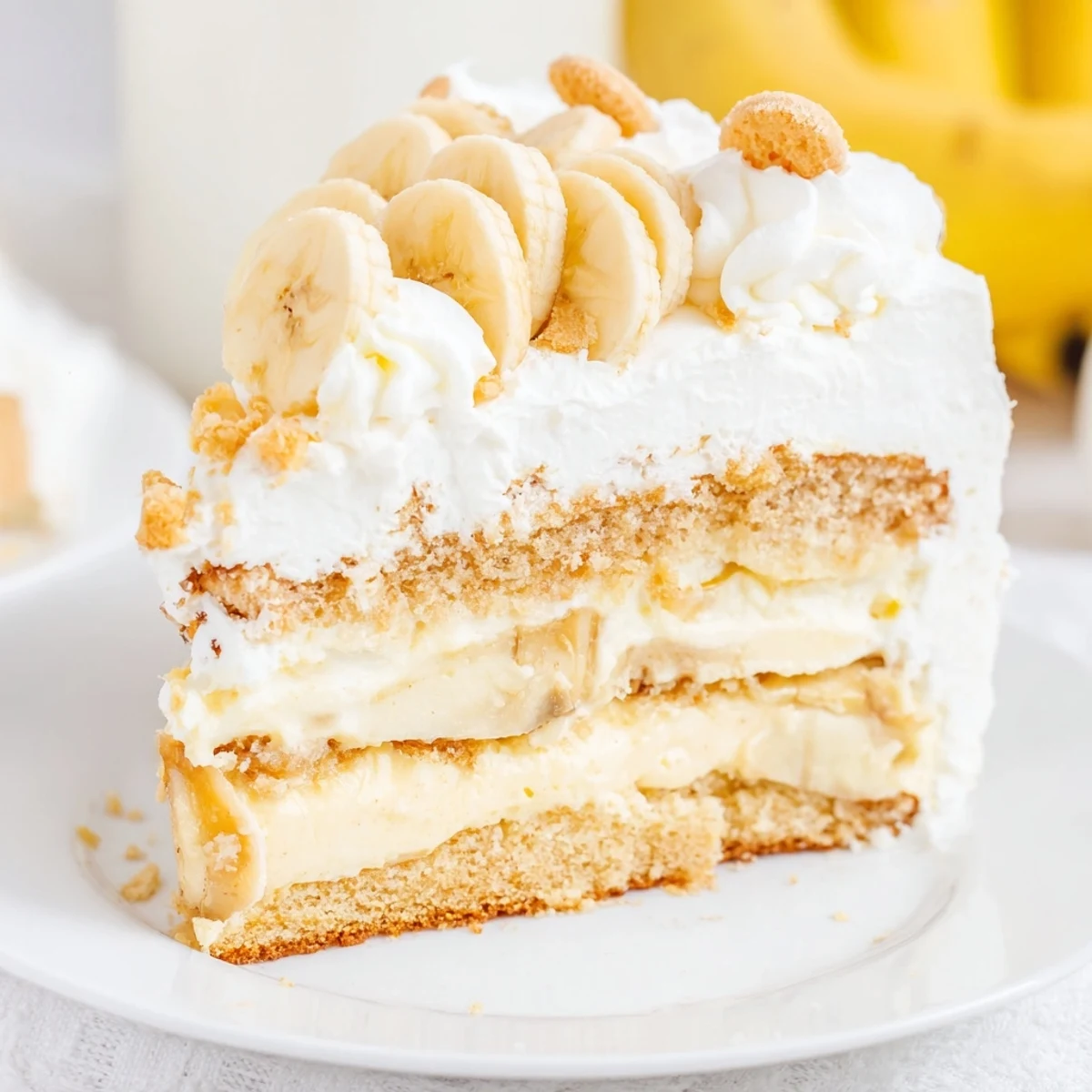 Southern banana pudding cake with fluffy layers, creamy vanilla pudding filling, and fresh sliced banana topping