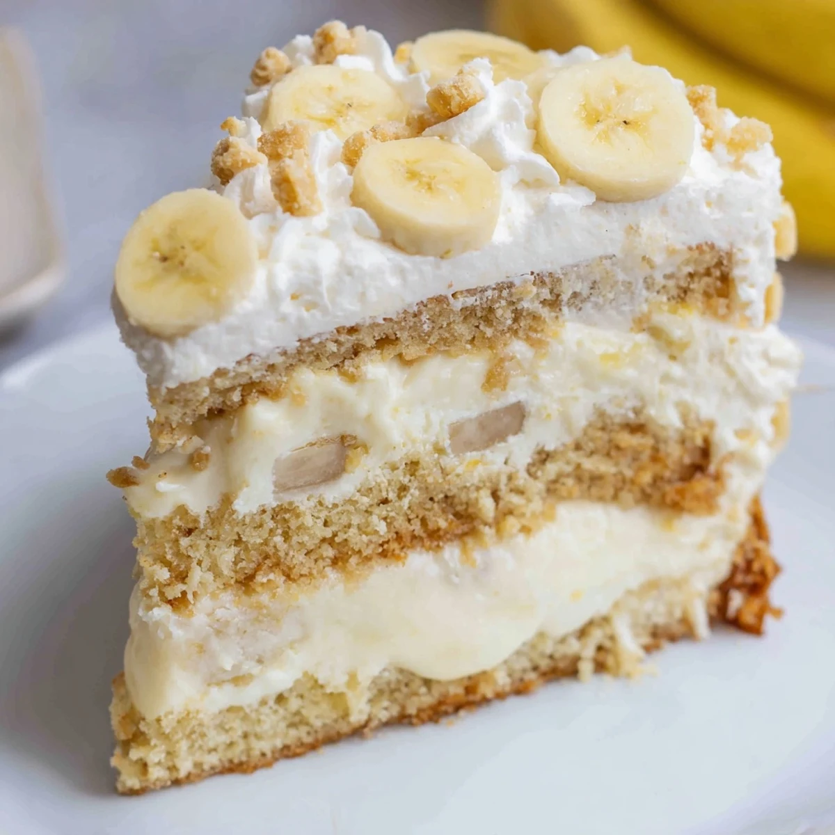 Moist banana cake layered with silky vanilla pudding, topped with whipped cream and crispy vanilla wafer crumbles