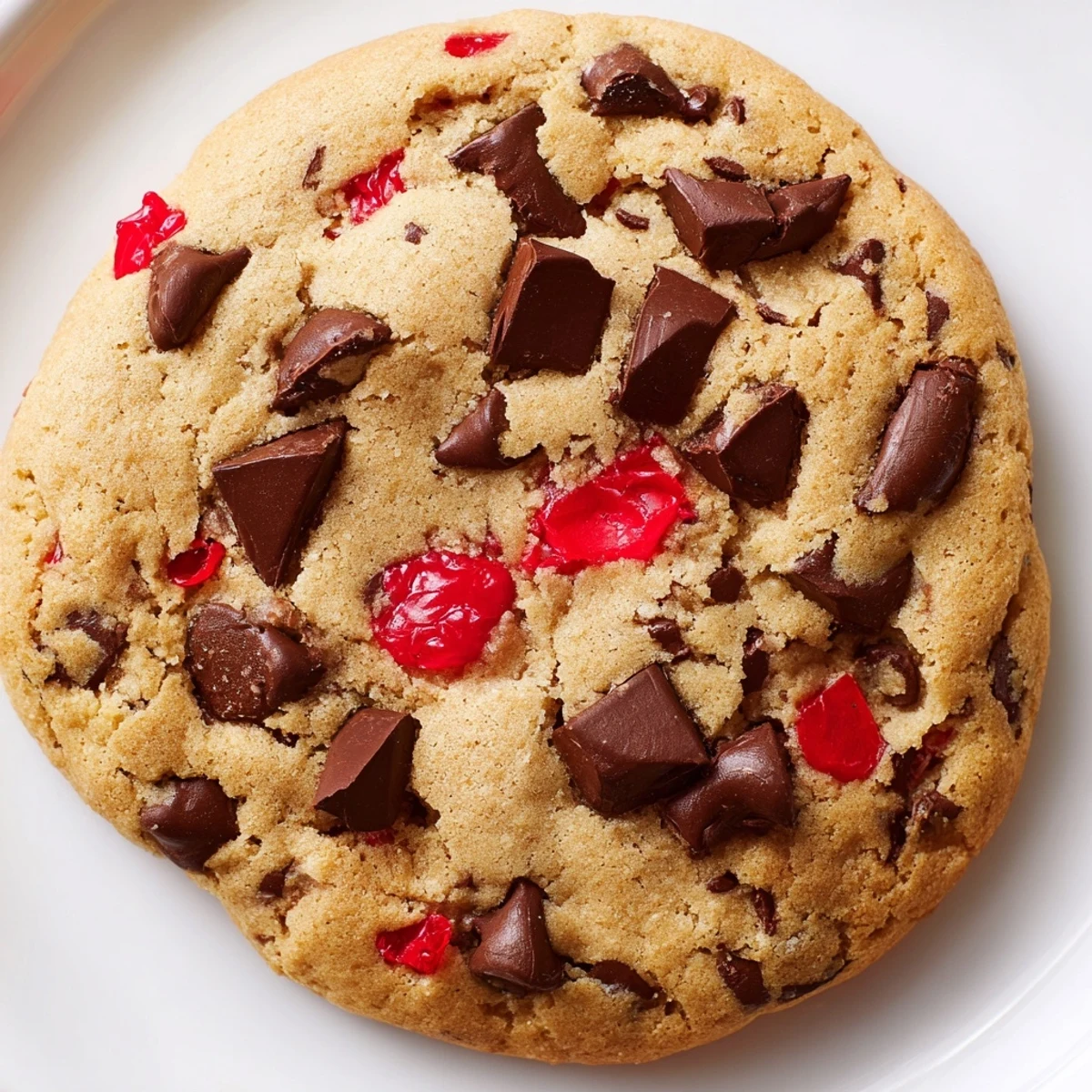Soft golden Maraschino Cherry Chocolate Chip Cookies with melty chocolate chips and bright red cherry pieces on a white plate