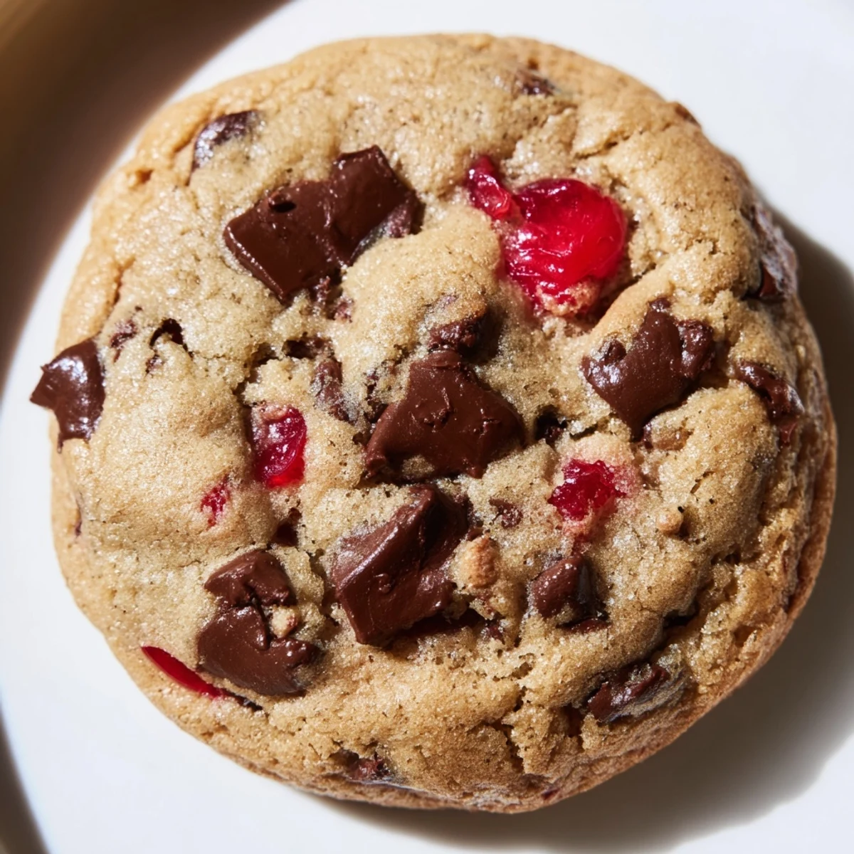 Stack of chewy Maraschino Cherry Chocolate Chip Cookies dotted with colorful maraschino cherries and rich chocolate chips on a wooden cutting board