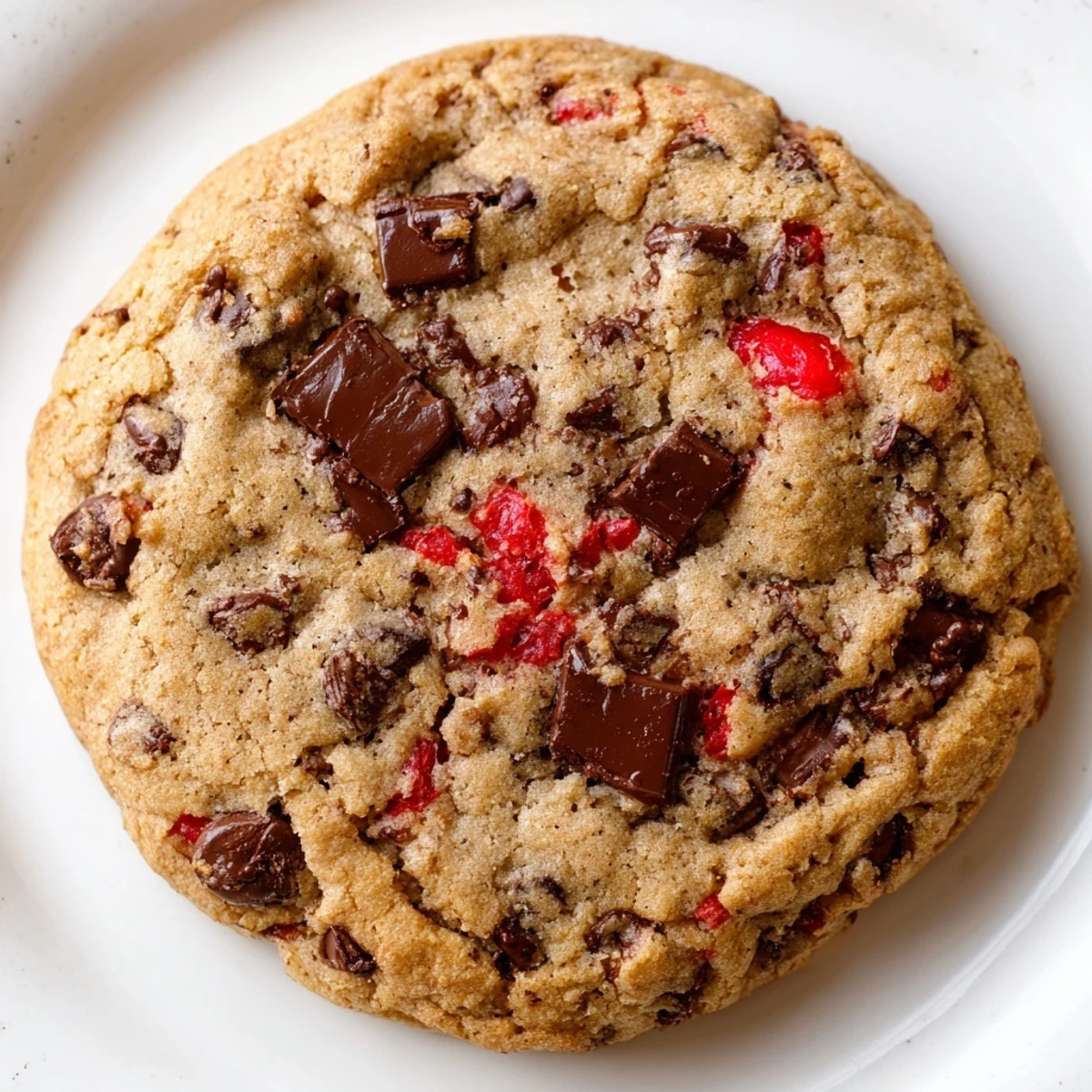 Freshly baked Maraschino Cherry Chocolate Chip Cookies cooling on a wire rack with chunks of semi-sweet chocolate and chopped cherries visible