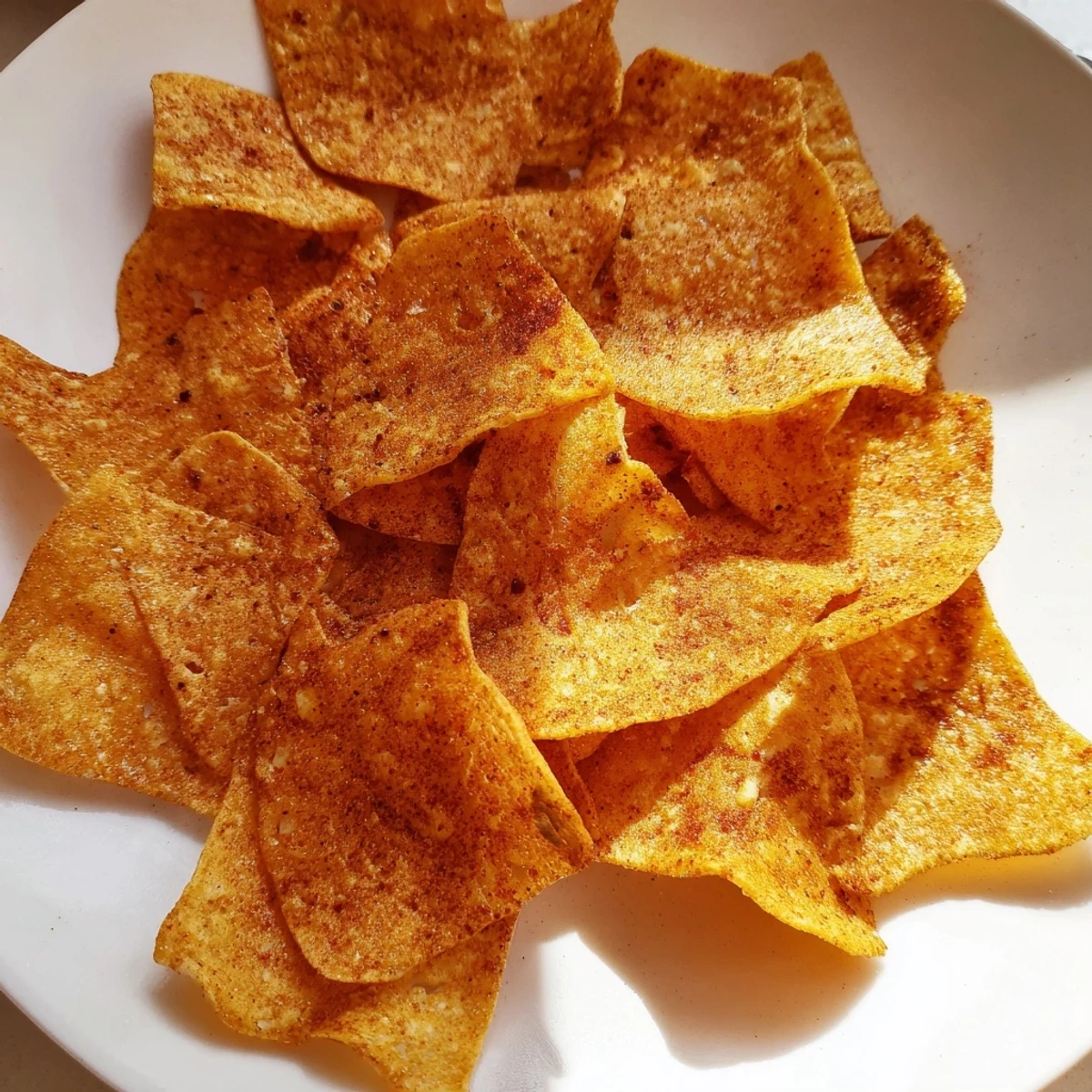 Golden crispy chickpea chips sprinkled with spices arranged on a white serving platter