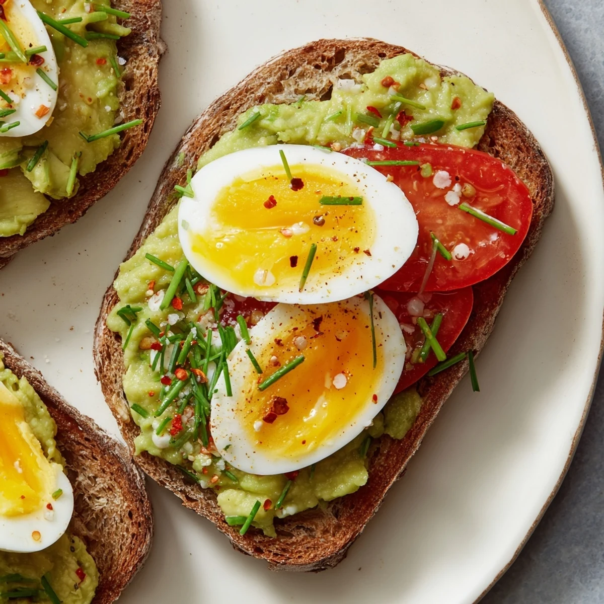 Savory avocado toast with tomato and hard-boiled egg garnished with fresh chives on a wooden board