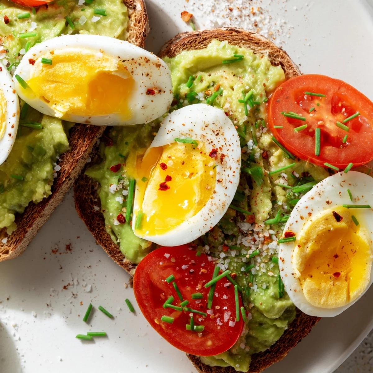 Golden crispy toast topped with creamy mashed avocado, sliced ripe tomatoes, and hard-boiled egg rounds