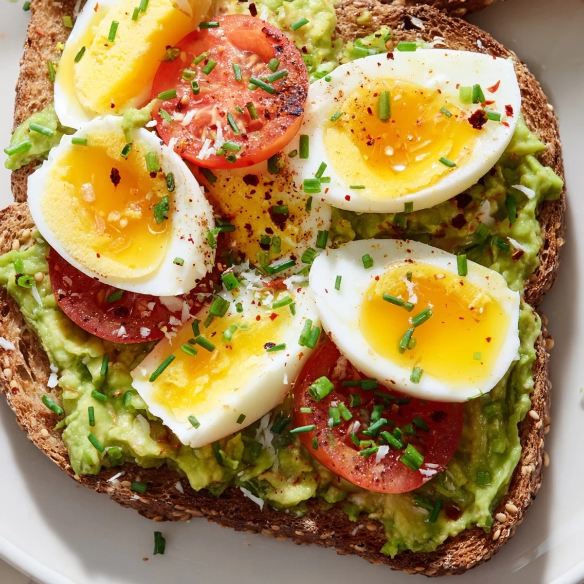 Hearty breakfast plate featuring avocado toast with tomato and hard-boiled egg slices with red pepper flakes
