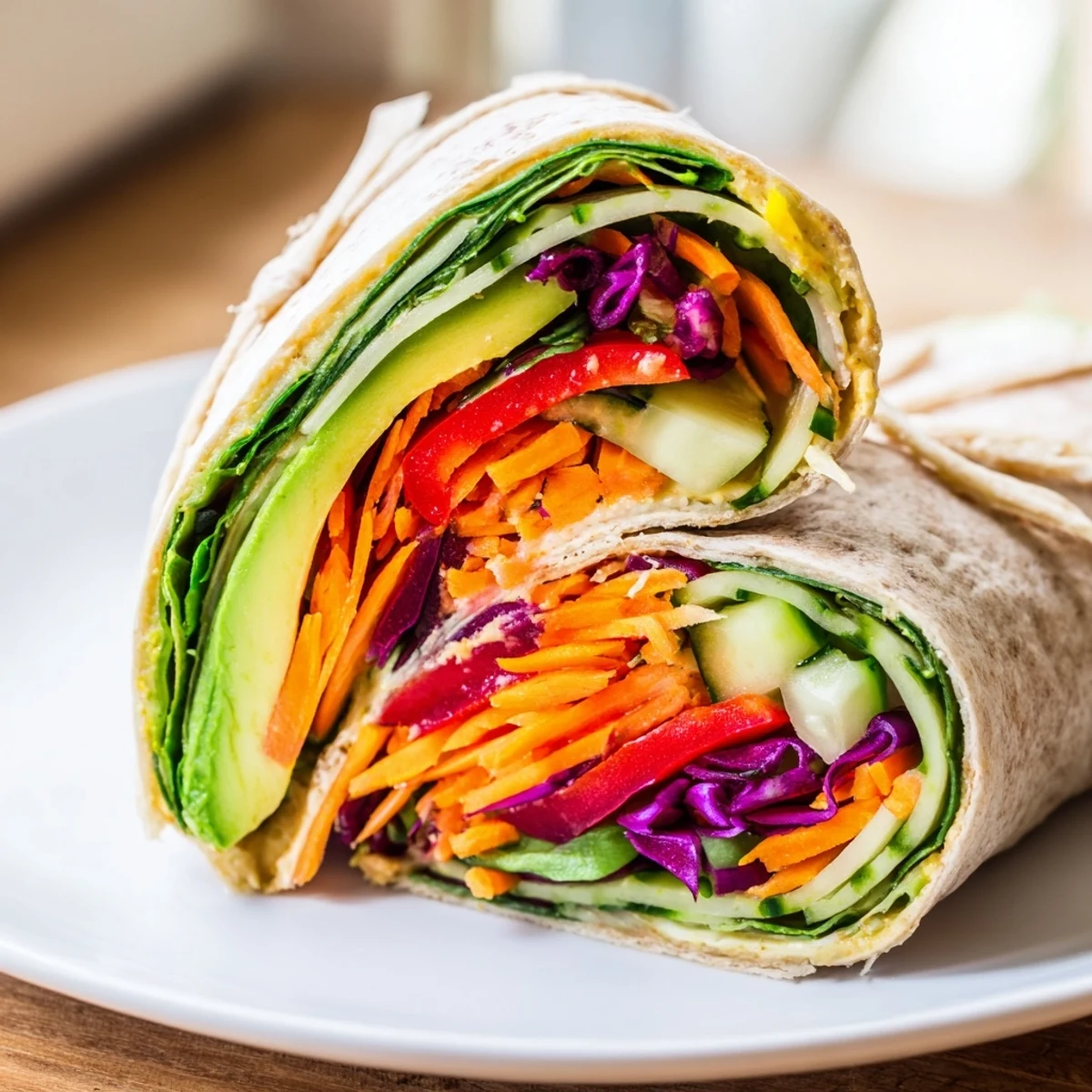 Golden whole wheat tortilla wrap stuffed with fresh spinach, crisp bell peppers, carrots, cucumber, and creamy hummus spread, sliced diagonally for easy serving