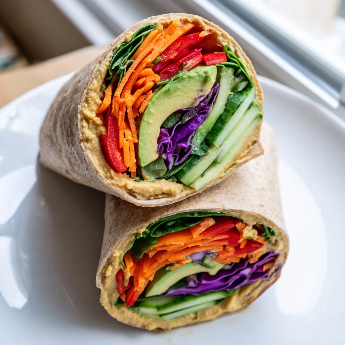 Colorful Mediterranean veggie wrap with hummus layered with shredded red cabbage, baby spinach, sliced cucumbers, and sweet red peppers rolled tightly in a soft tortilla
