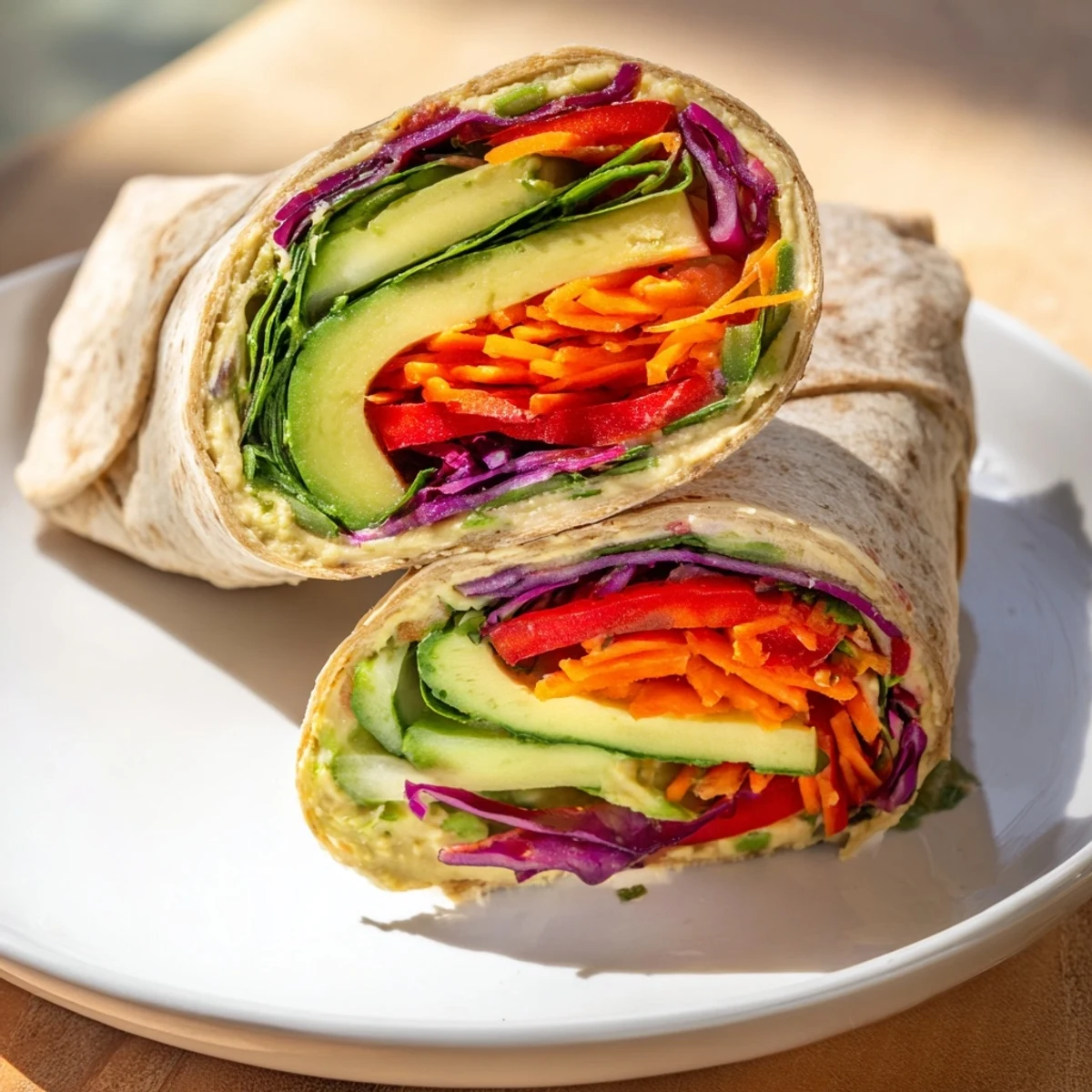 Healthy veggie wrap with hummus recipe featuring avocado slices, crunchy vegetables, and smooth hummus on whole wheat wrap, ready for a quick nutritious lunch