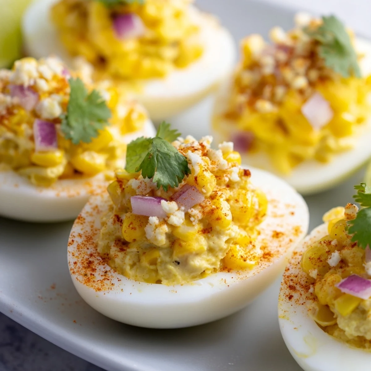 Creamy Mexican Street Corn Deviled Eggs topped with crumbled cotija cheese, fresh cilantro, and chili powder