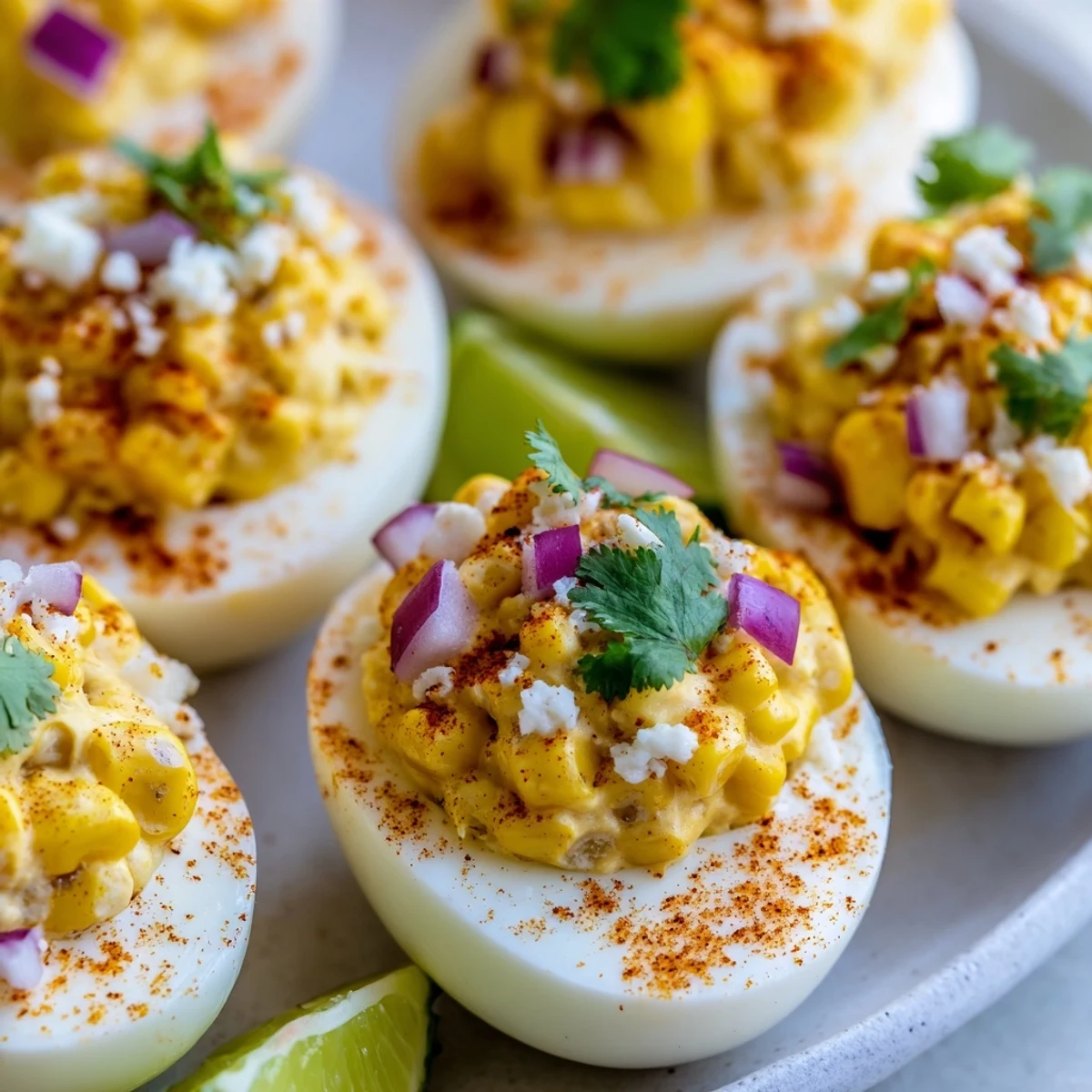 Golden Mexican Street Corn Deviled Eggs garnished with corn kernels, red onion, and zesty lime wedges