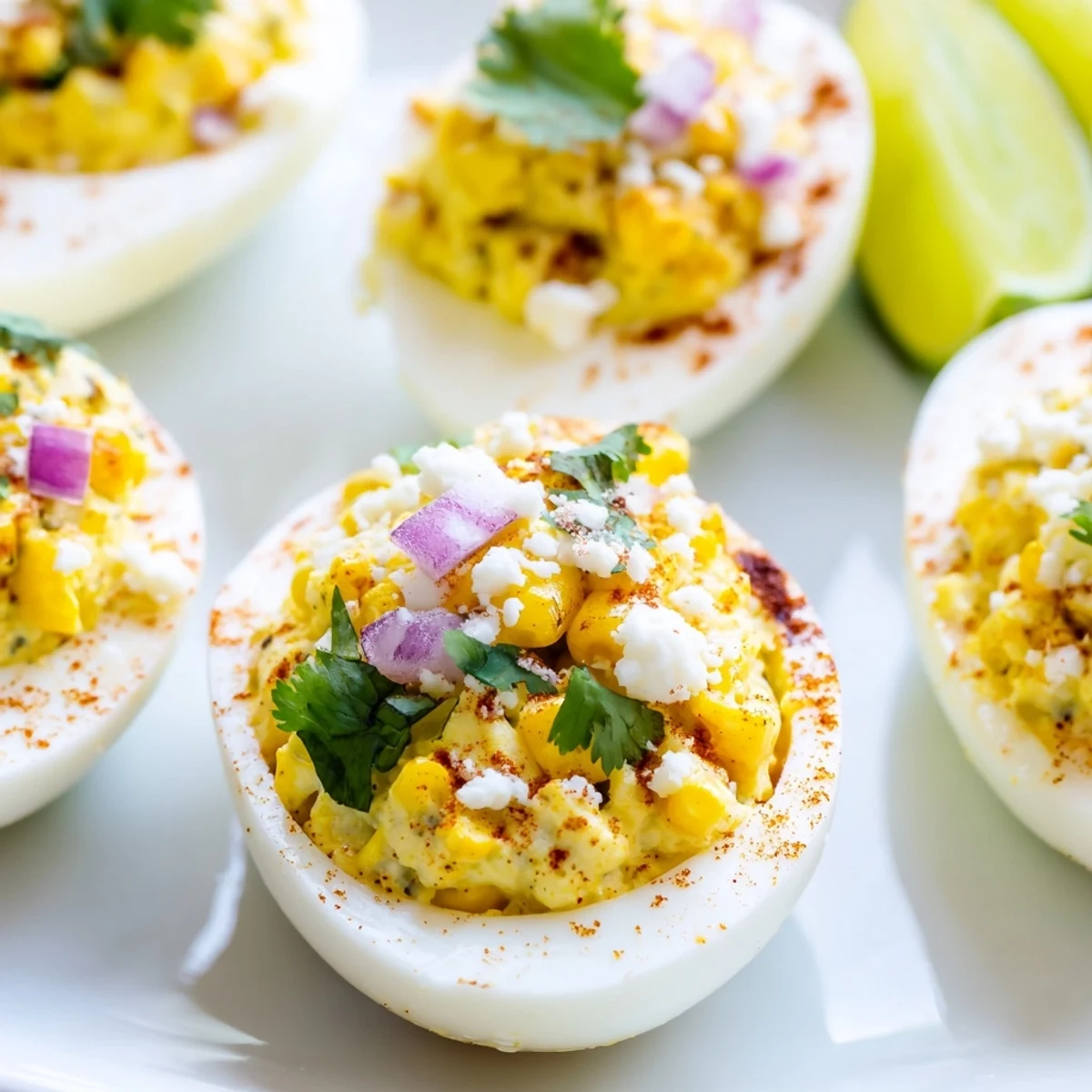 Platter of Mexican Street Corn Deviled Eggs sprinkled with Tajín and fresh cilantro for a vibrant appetizer