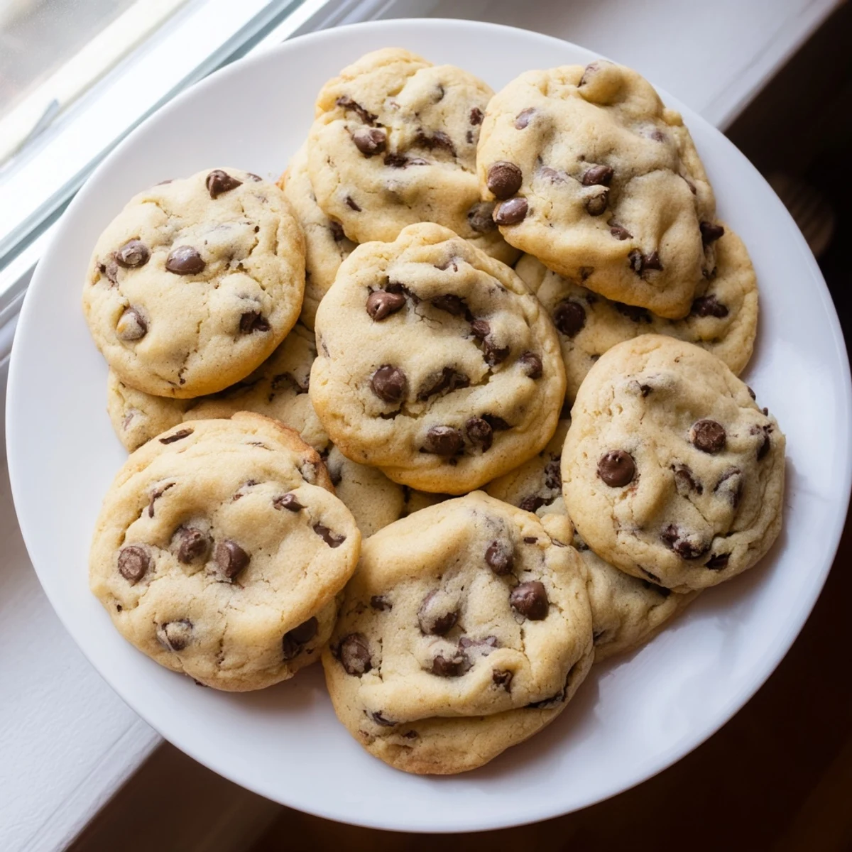 Golden brown chewy chocolate chip cookies fresh from the oven with melted chocolate pools