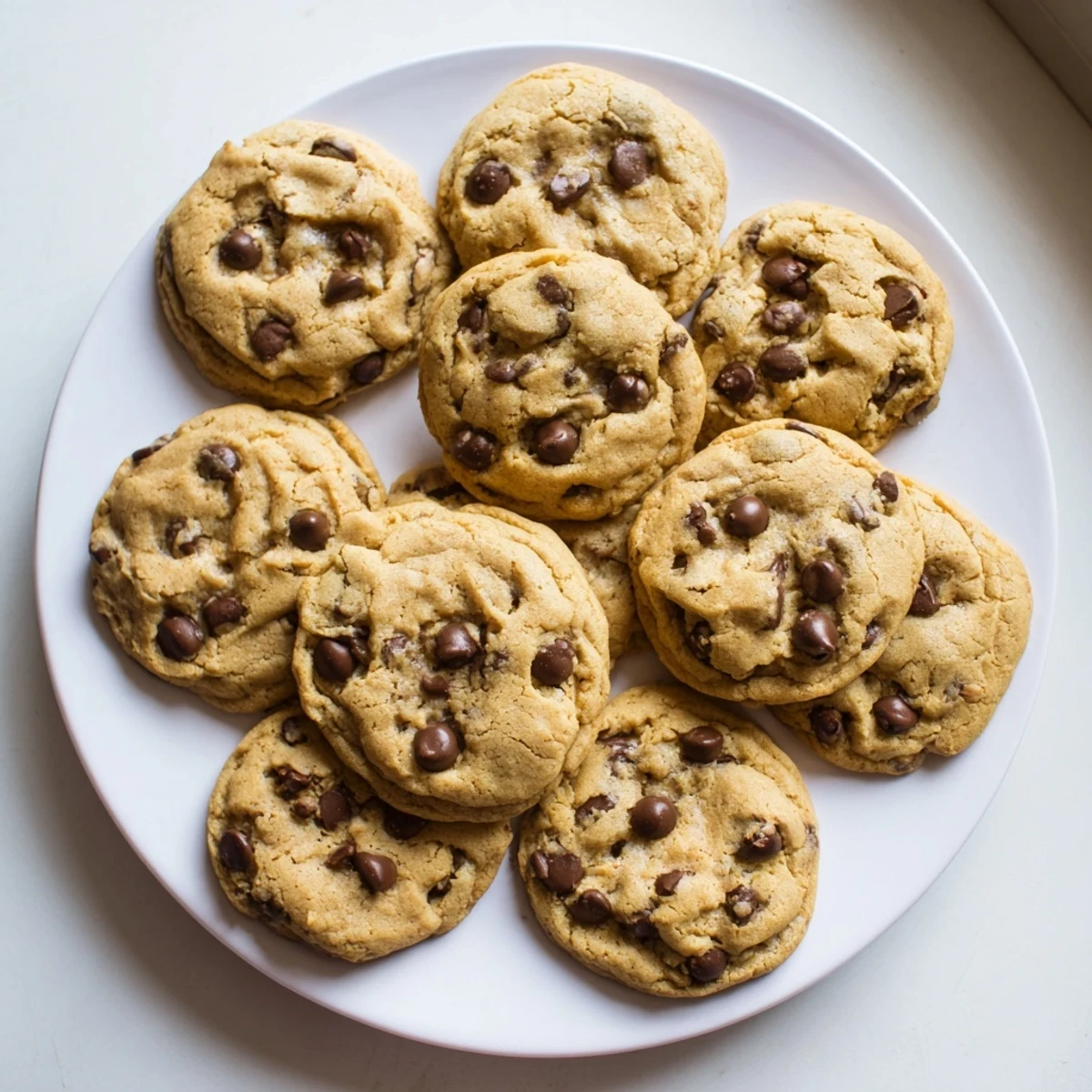Soft thick chewy chocolate chip cookies piled high on a white wire cooling rack