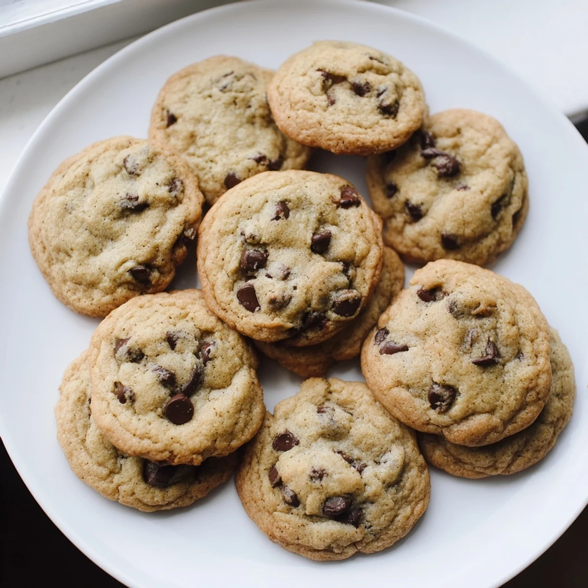 Homemade chewy chocolate chip cookies showing crisp edges and gooey semisweet chocolate chip centers