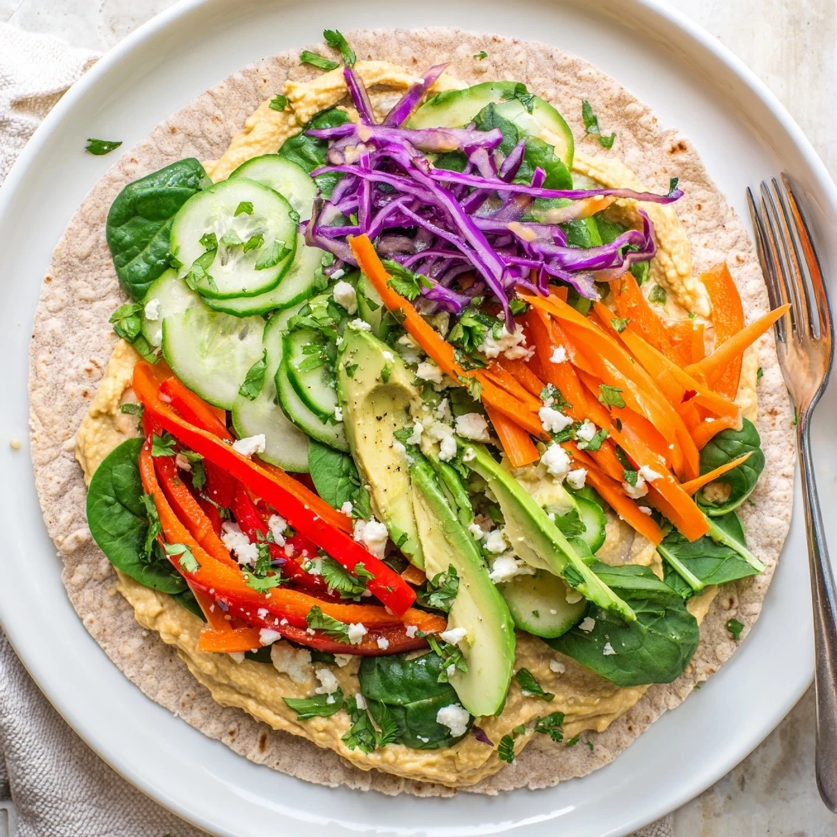 Hummus veggie wrap sliced diagonally revealing layers of crisp vegetables and creamy spread inside a whole wheat tortilla