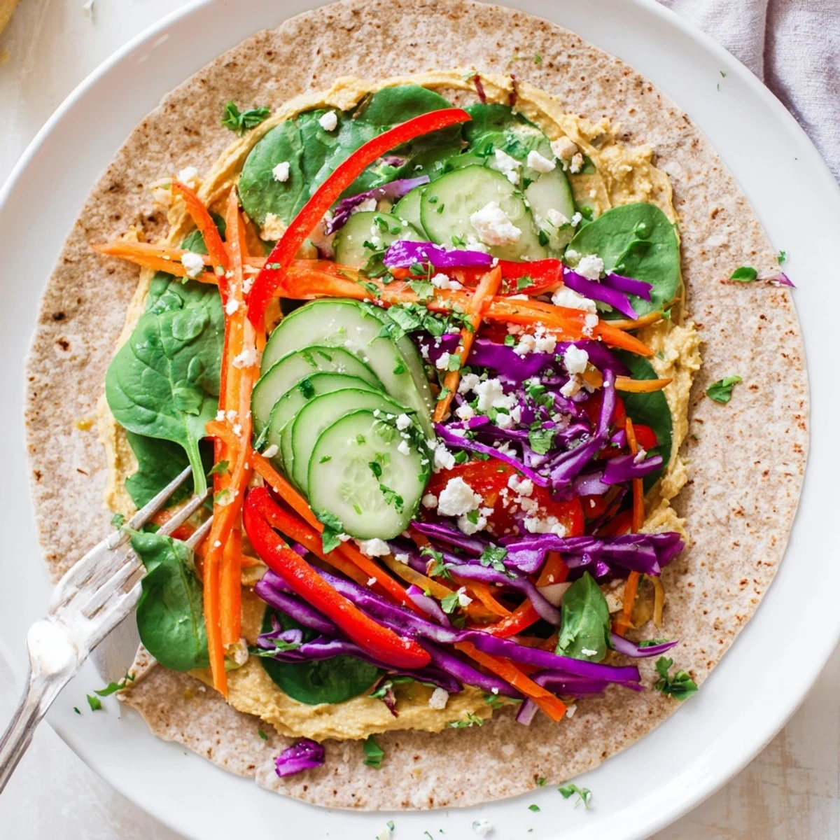 Colorful Mediterranean hummus veggie wrap rolled tightly with fresh spinach bell peppers and shredded purple cabbage