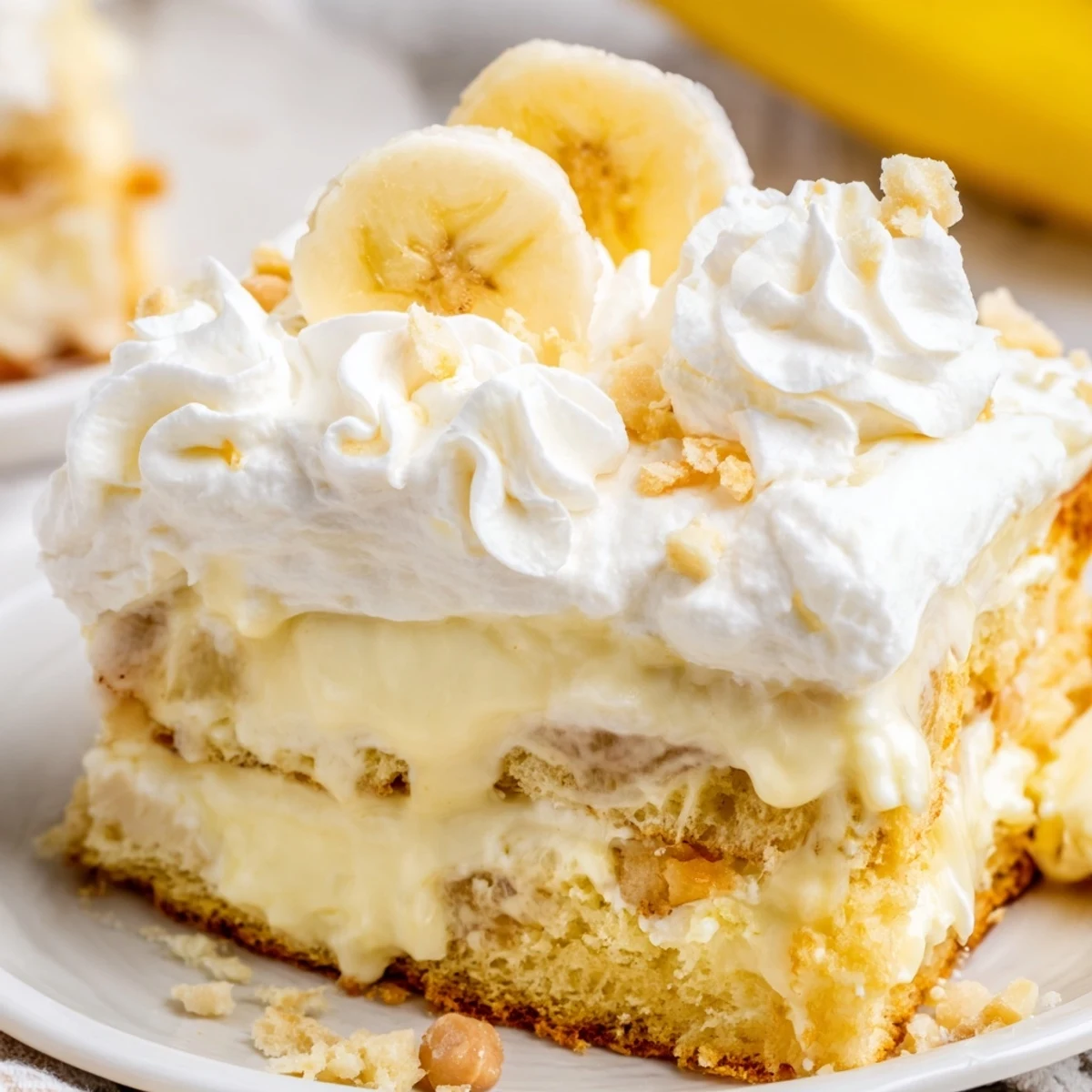 Golden banana pudding cake slice topped with fluffy whipped cream and fresh banana slices