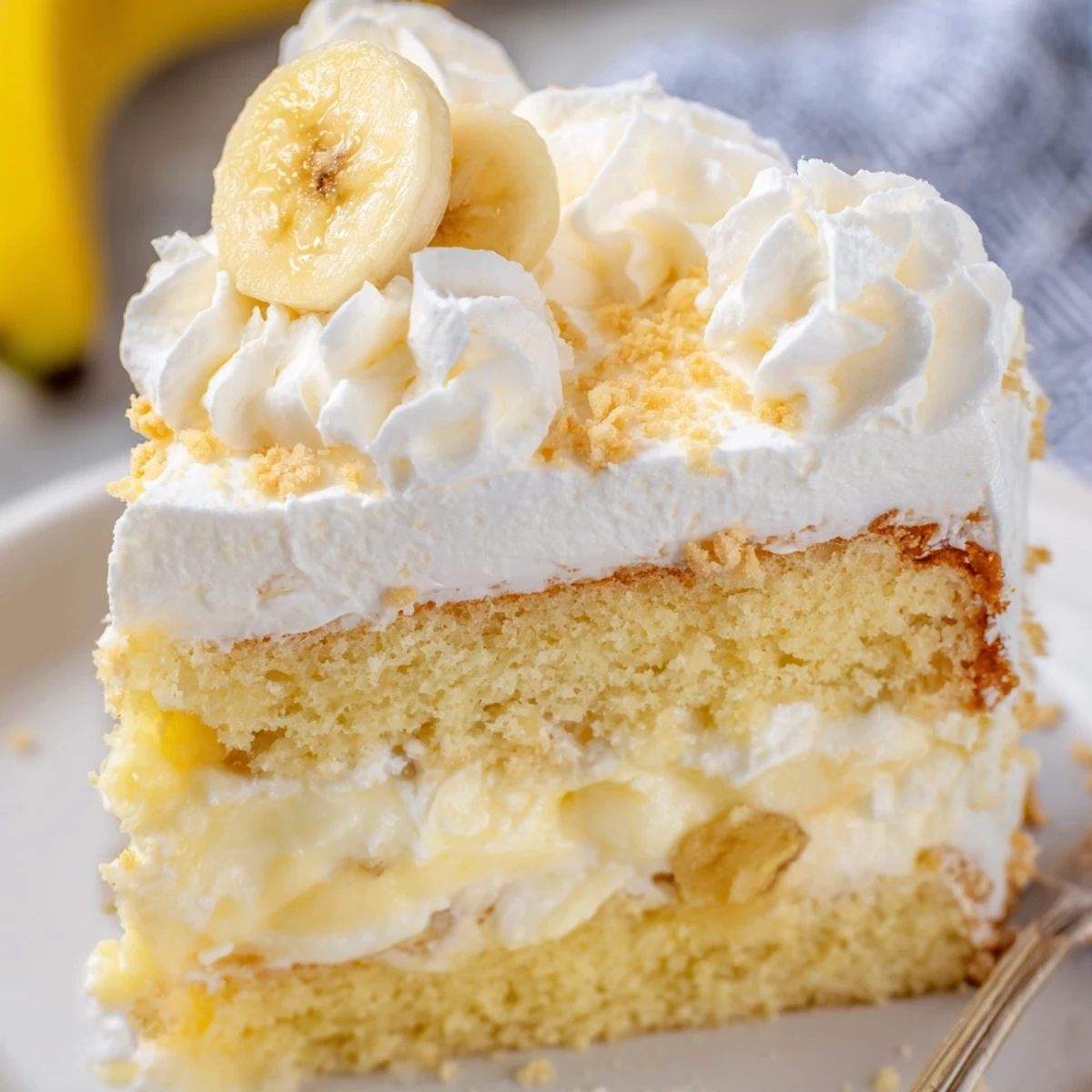 Layered banana pudding cake dessert with whipped cream topping and wafer cookie garnish