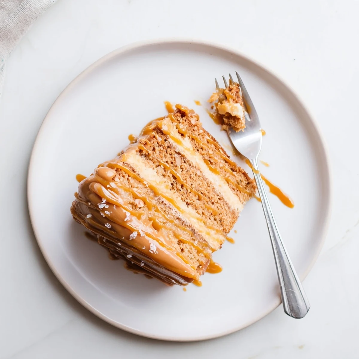 Decadent layered banana cake featuring nutty brown butter and fluffy salted caramel frosting topping
