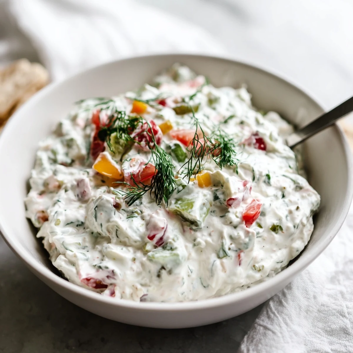 Creamy Grillos Pickle De Gallo Ranch Dip served in a white bowl with colorful pico de gallo topping and fresh herb garnish