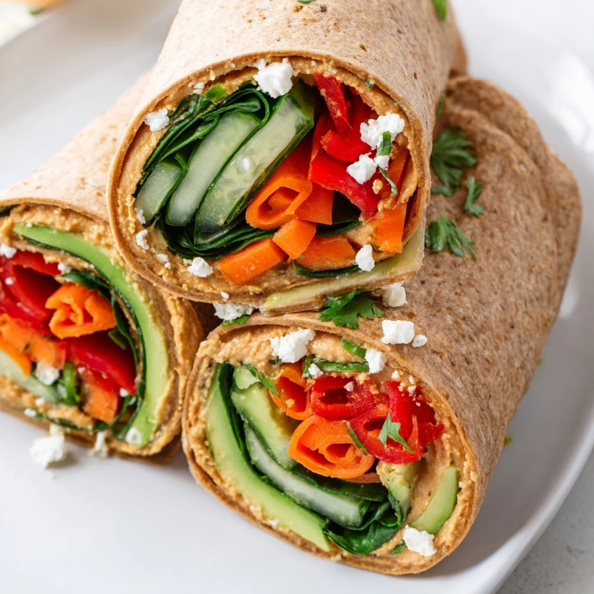 Fresh spinach hummus lunch wraps sliced diagonally revealing colorful layers of crisp vegetables