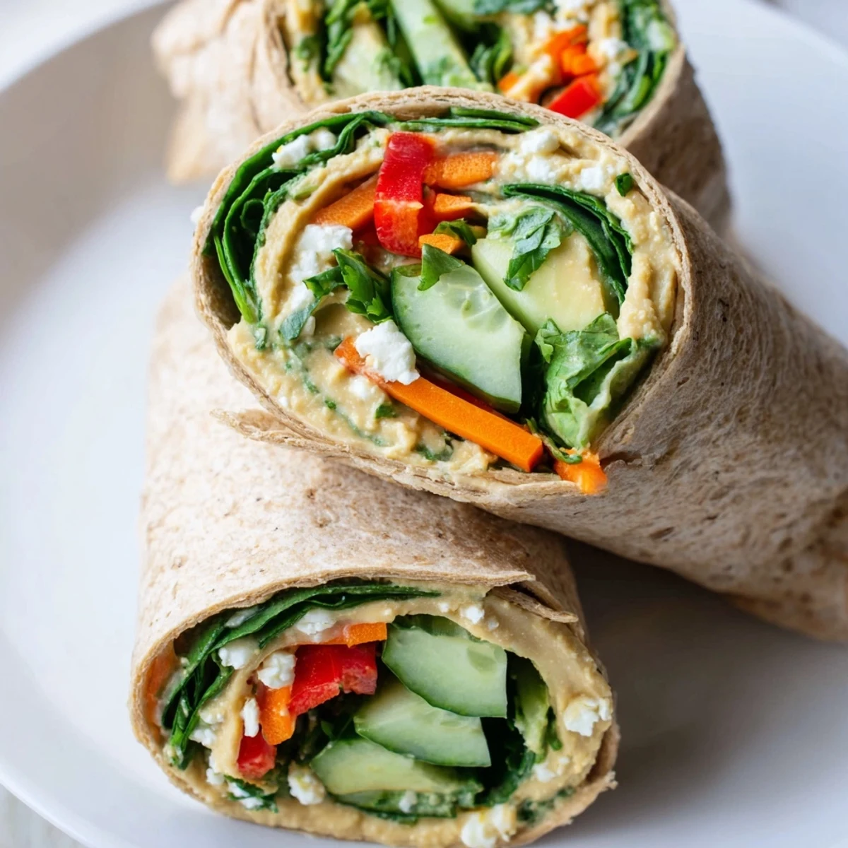 Whole wheat tortilla wrapped around creamy hummus and fresh vegetables for healthy lunch